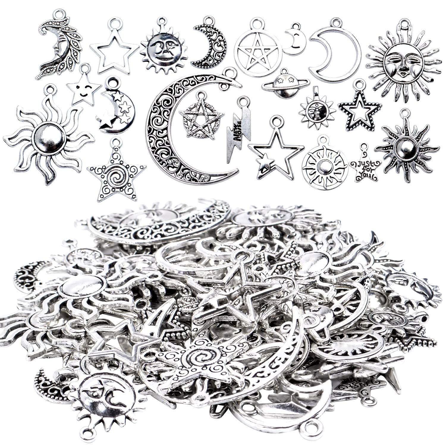 Street27® 69 Pieces Antique Silver Alloy Moon Star Sun Charms Pendants Celestial Pendants Jewelry Findings for Necklace Bracelet Jewelry Making, 23 Styles, Metal Silver