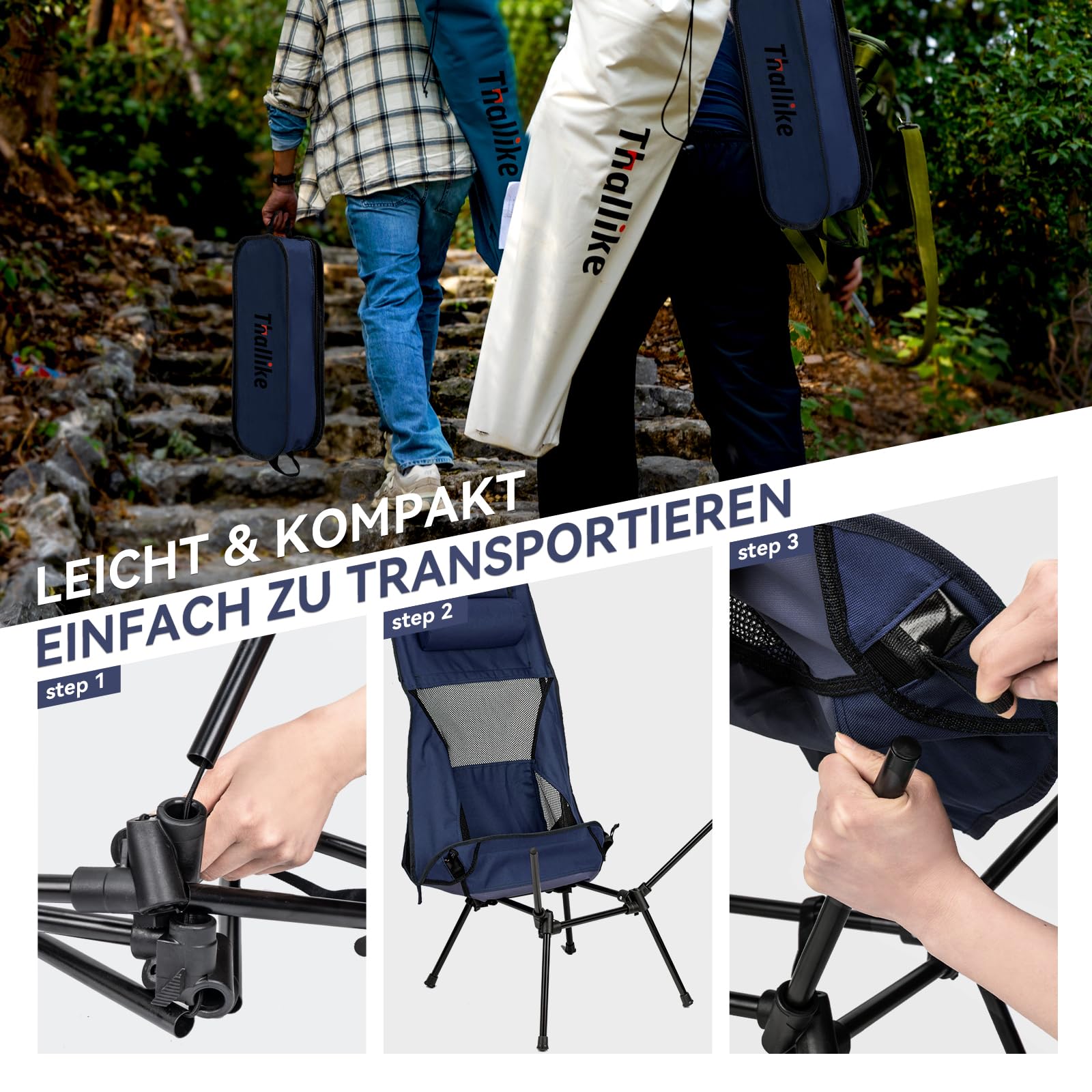 Campingstuhl Hochlehner Faltbar 150kg, Ultraleichter Tragbar Klappstuhl mit Kopfstütze 2 Seitentaschen, Kompakter Angelstuhl Klappbar mit Tragetasche für Camping, Strand, Outdoor und Wandern