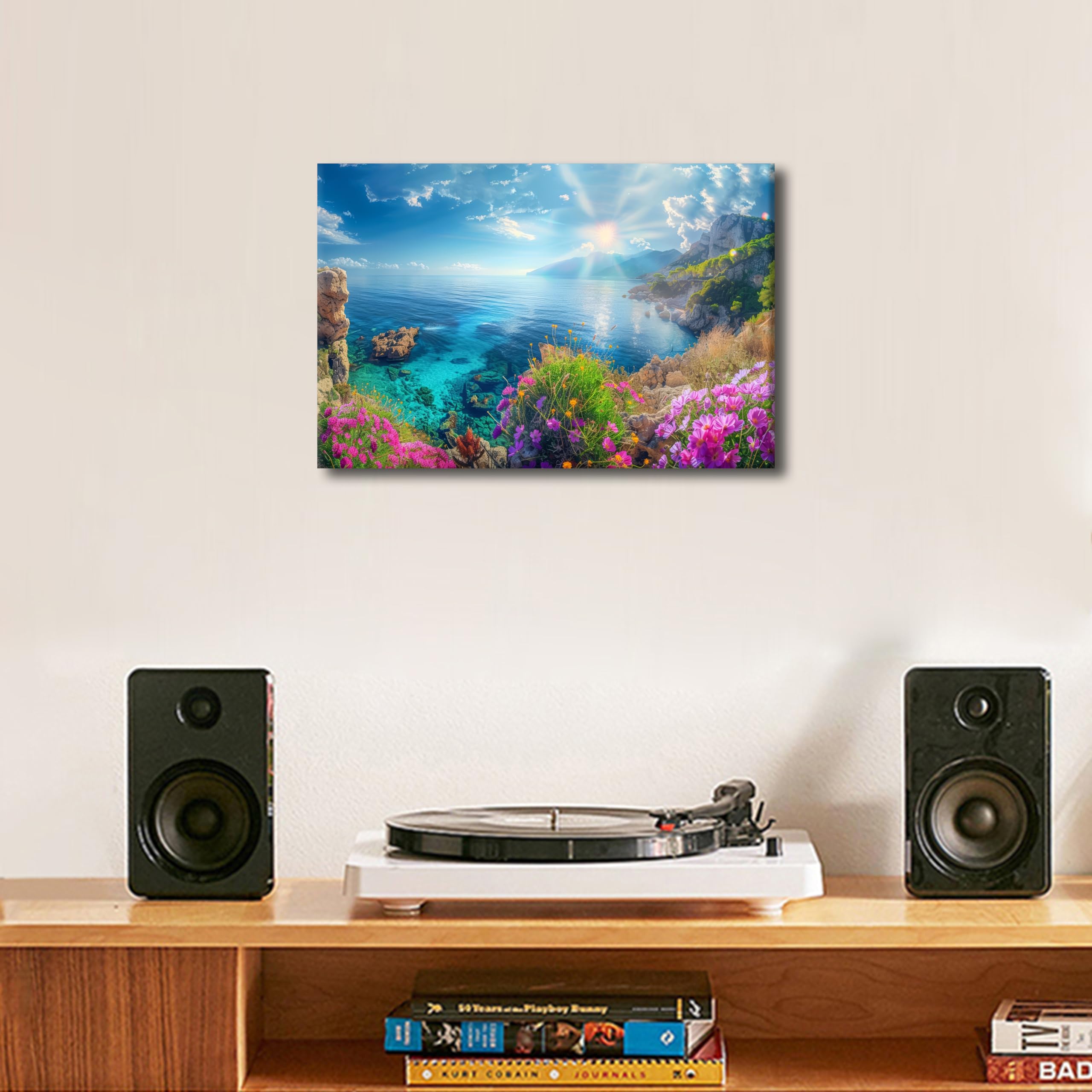 TISHIRON 1 Panel Canvas Prints Seascape Art Print Wall Art Summer Beach Flowers Pictures Wall Painting Coast Flower Artwork for Home Decor Stretched and Framed Ready to Hang 16" Wx24 H - Image 2