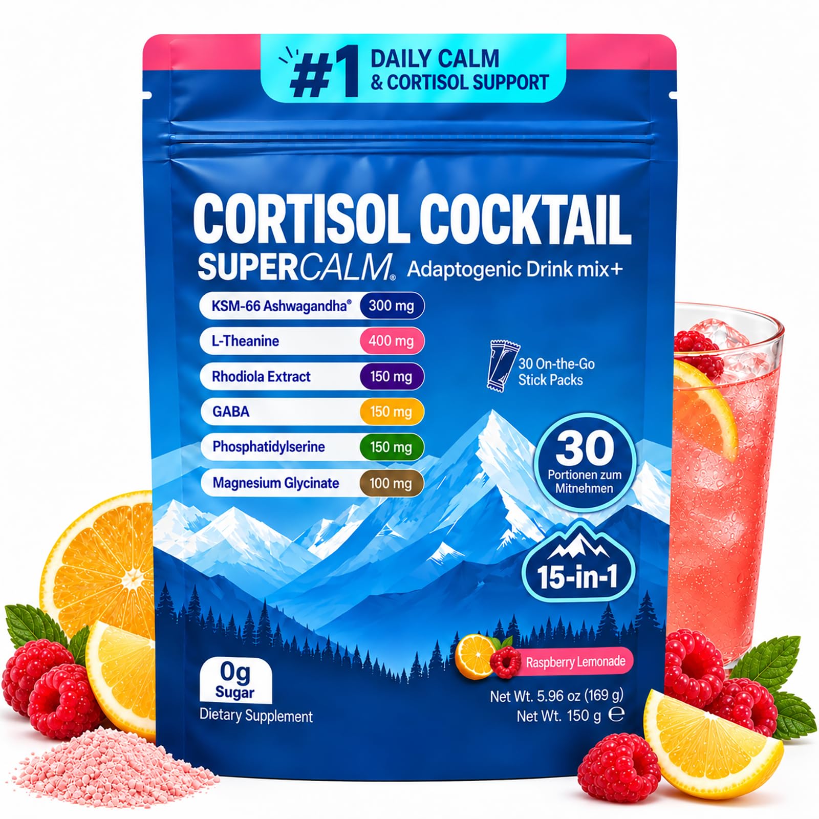 15‑in‑1 Cortisol Cocktail Pulver, 30 Stücks – Cortisol Senken Pulver zum Abnehmen mit L-Theanin, Rhodiola, KSM‑66® & Vitamin B6 & D3 – Himbeer‑Limonade Geschmack, für innere Balance & Wohlbefinden