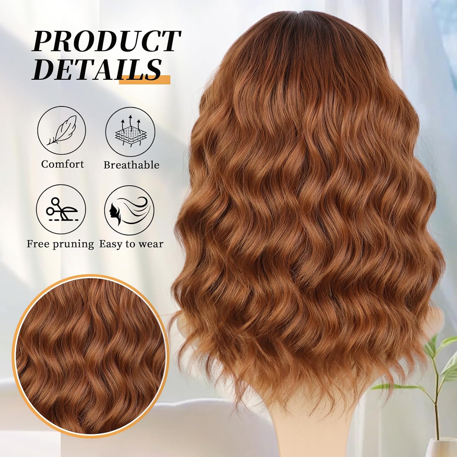 XIXIBI Auburn Wigs for Women Bob Wig with Bangs Short Curly Synthetic Shoulder Length Hair Wavy Natural Looking for Party Daily Use