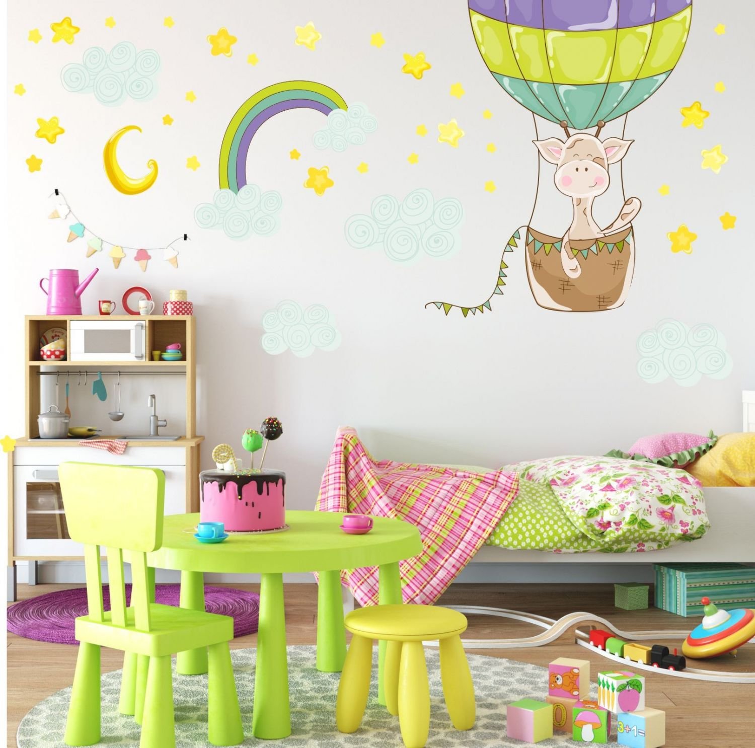 nikima 077 - Adesivo da parete per cameretta dei bambini, motivo giraffa, palloncino, in 6 misure, simpatici adesivi e adesivi per la cameretta dei bambini, dimensioni 2000 x 1120 mm