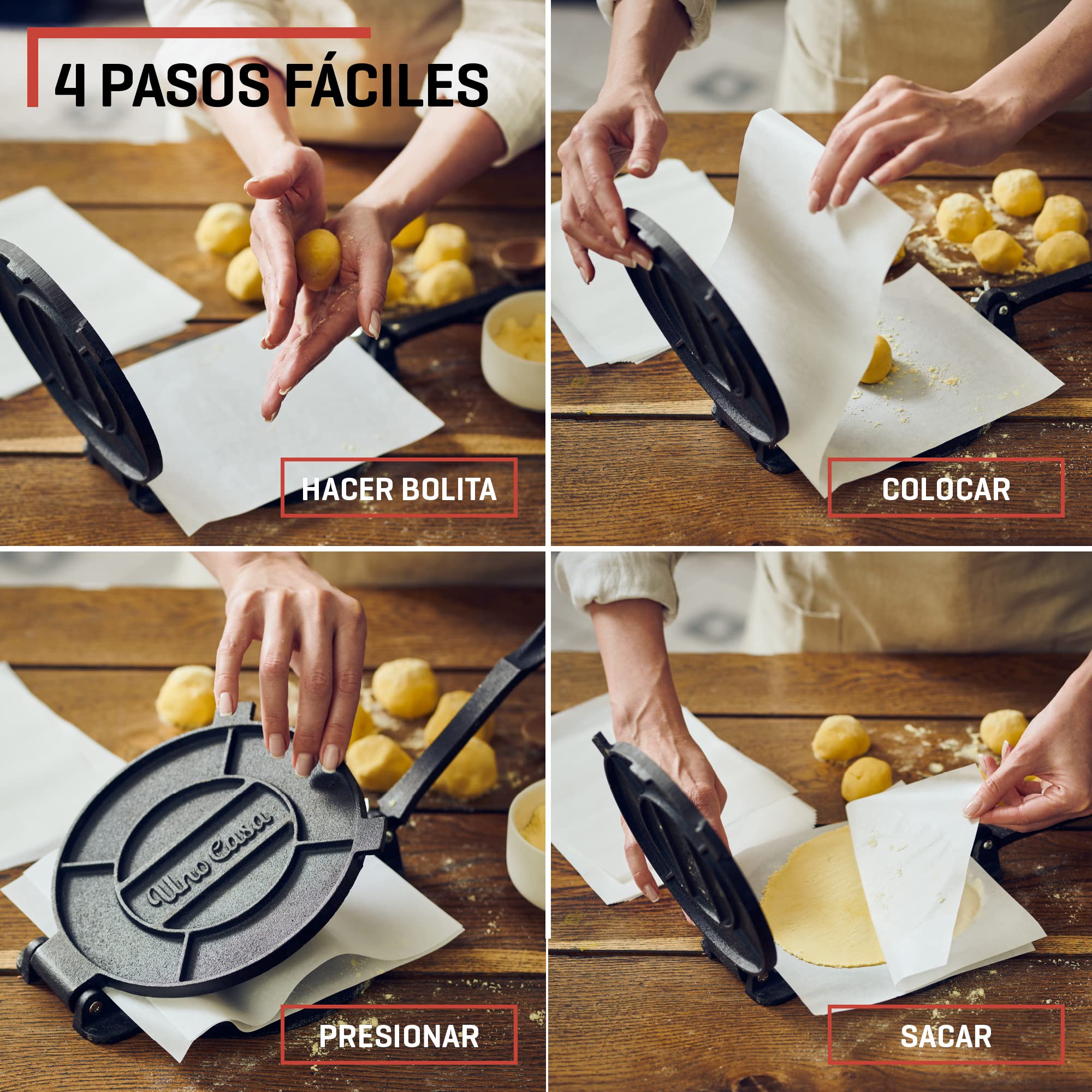 Uno Casa Prensa de tortilla de hierro fundido, 8 pulgadas, máquina de tortillas presazonadas para tortillas de maíz con 100 piezas de papel pergamino – Máquina Roti Maker Chapati, prensa de tacos,