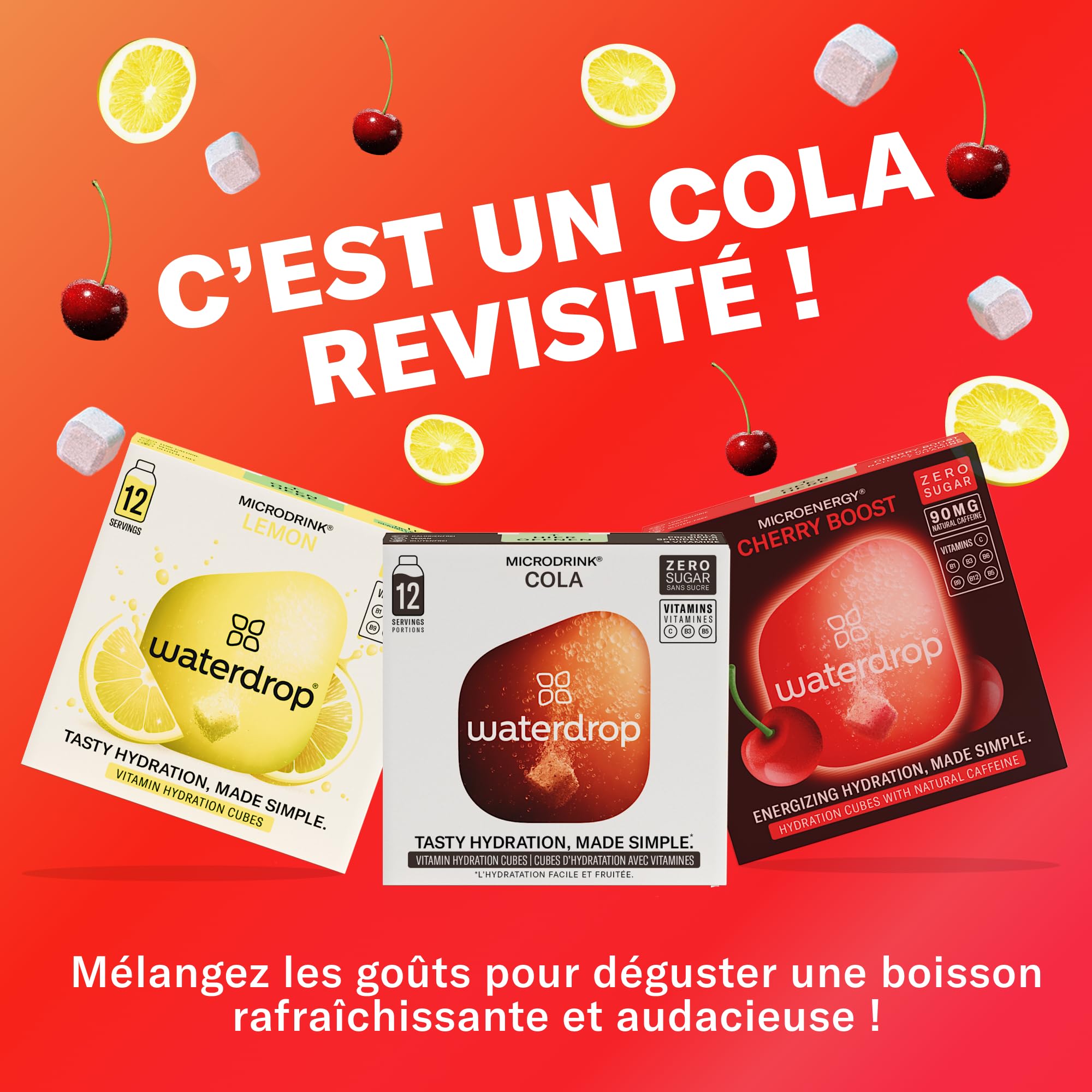 waterdrop® Microdrink Coffret Boissons Gazeuses - Cola, Cerise & Citron, 36 Boissons en Cubes Effervescentes en 3 Saveurs, Enrichi en Vitamines, Boisson Sans Sucre, Eau Aromatisée en Pastille