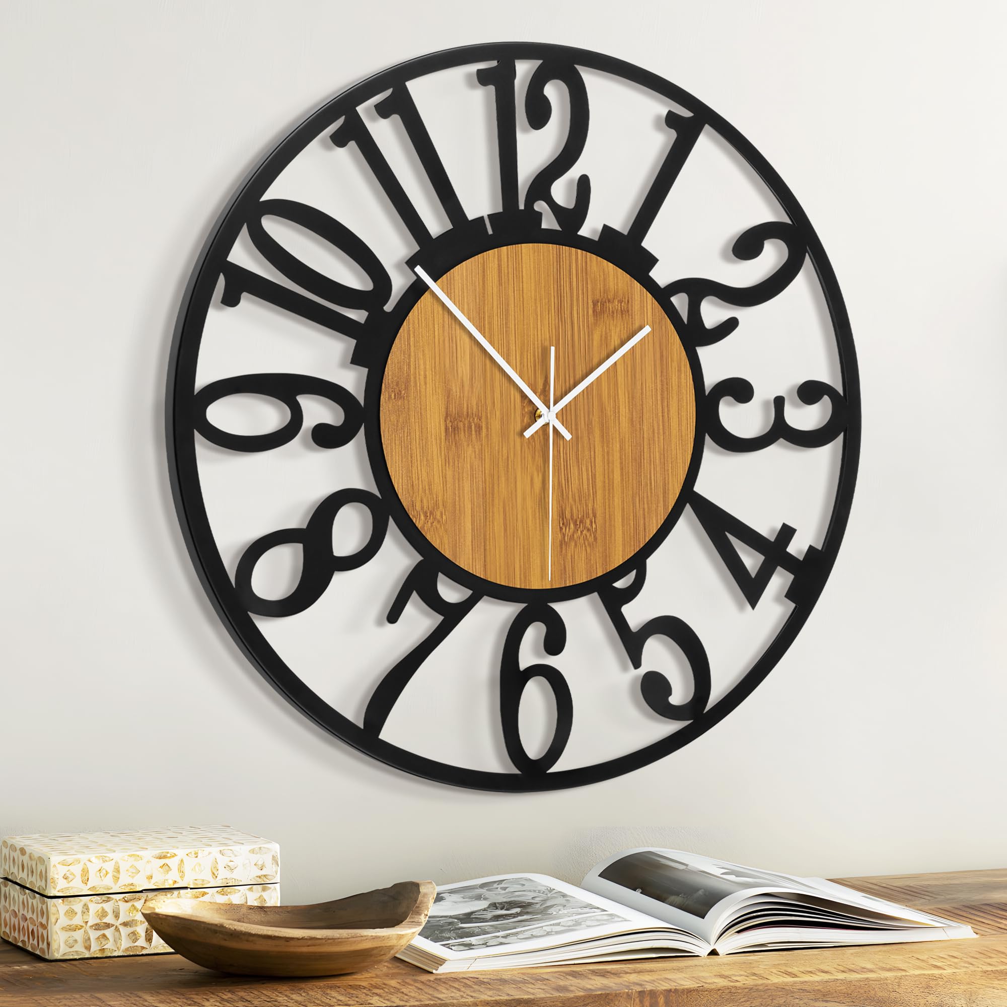 Horloge murale 50 cm silencieuse bois métal noir moderne salon cuisine