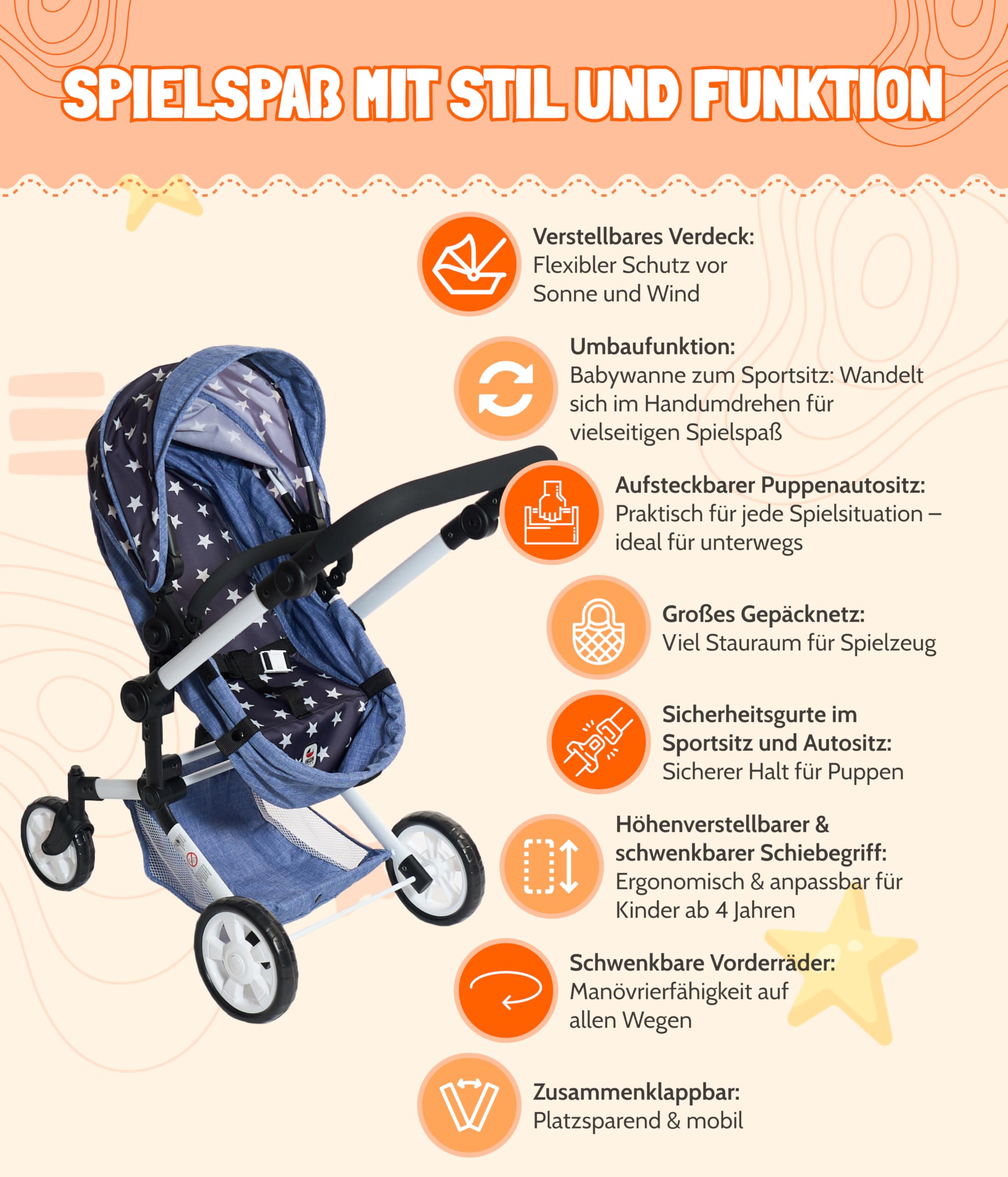 Bayer Chic 2000 - Wózek dla lalek Linus, wózek dla lalek kombi 3 w 1 dla dzieci w wieku od 4 do 8 lat, zestaw wózków dla lalek z fotelem samochodowym dla lalek, gwiazdka, granatowy