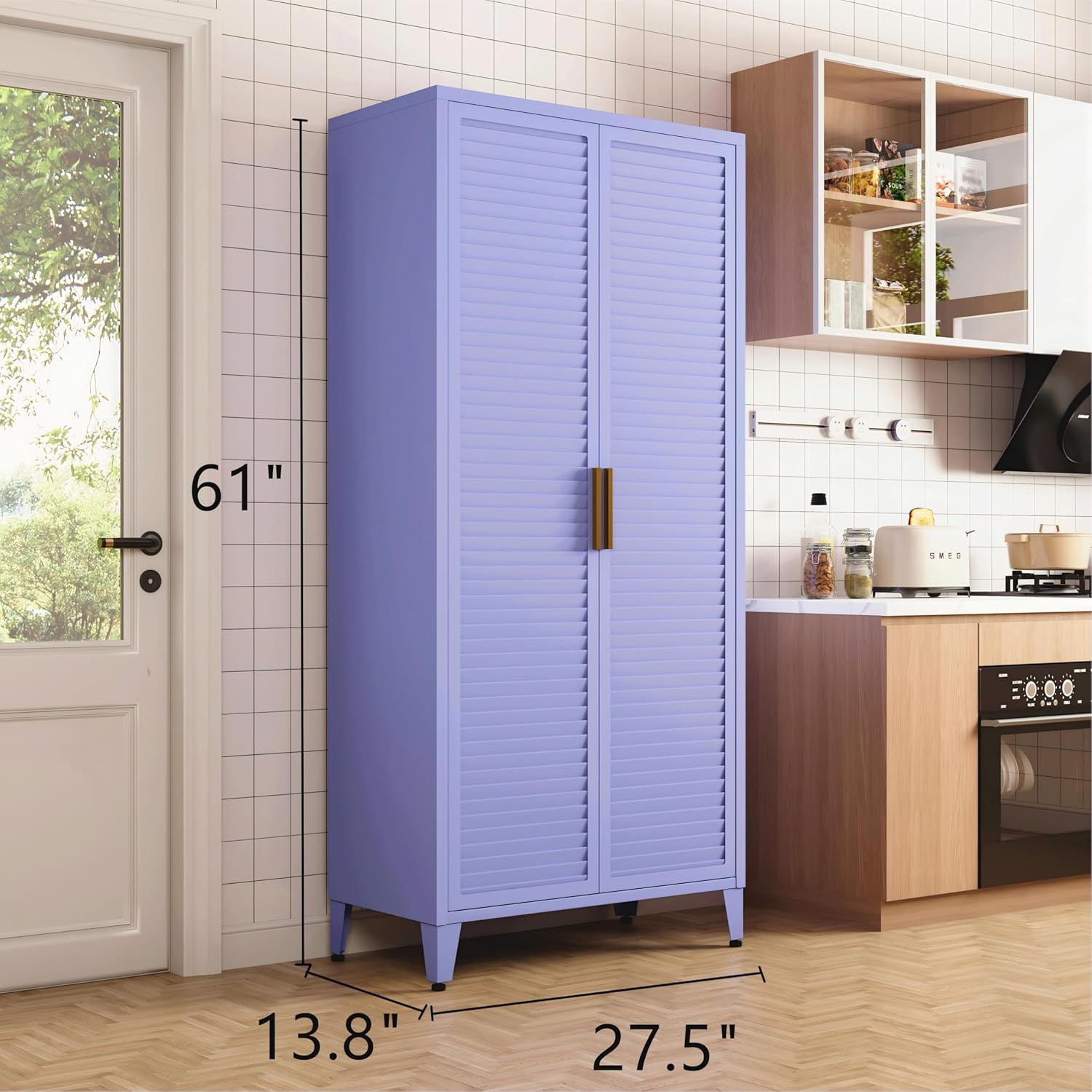 Pantry Cabinet with 3 Adjustable Shelves, 4-Tier Freestanding Kitchen Storage Organizer, Multi-Function Storage Unit for Kitchen, Living Room, Home, Purple 61" H X 27.6" W X 13.8" D