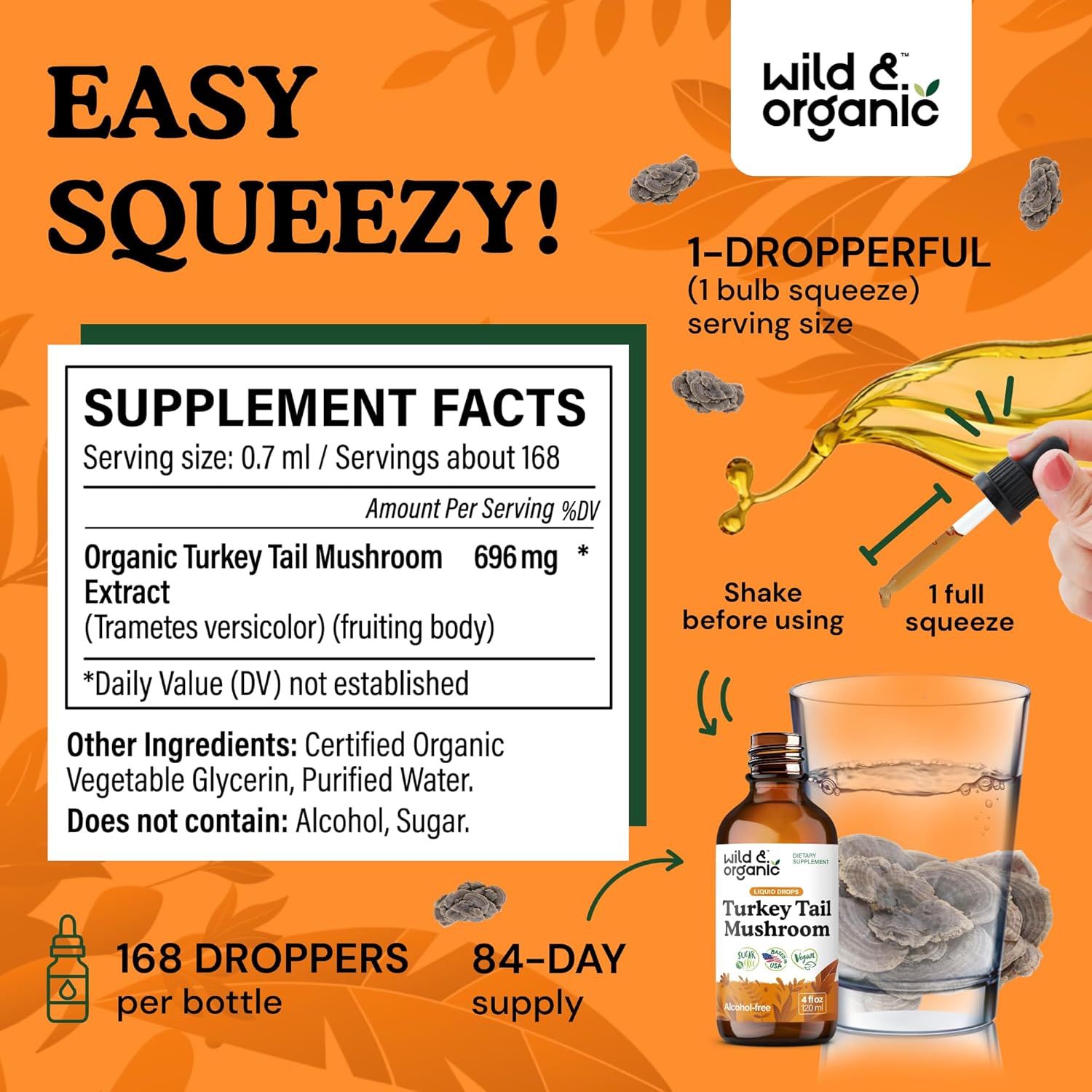 Wild & Organic Turkey Tail Mushroom Tincture - Immune Support Drops with Turkey Tail Extract - Liquid Mushroom Supplement for Gut Support - Vegan, Sugar & Alcohol-Free - 4 fl oz - Image 3
