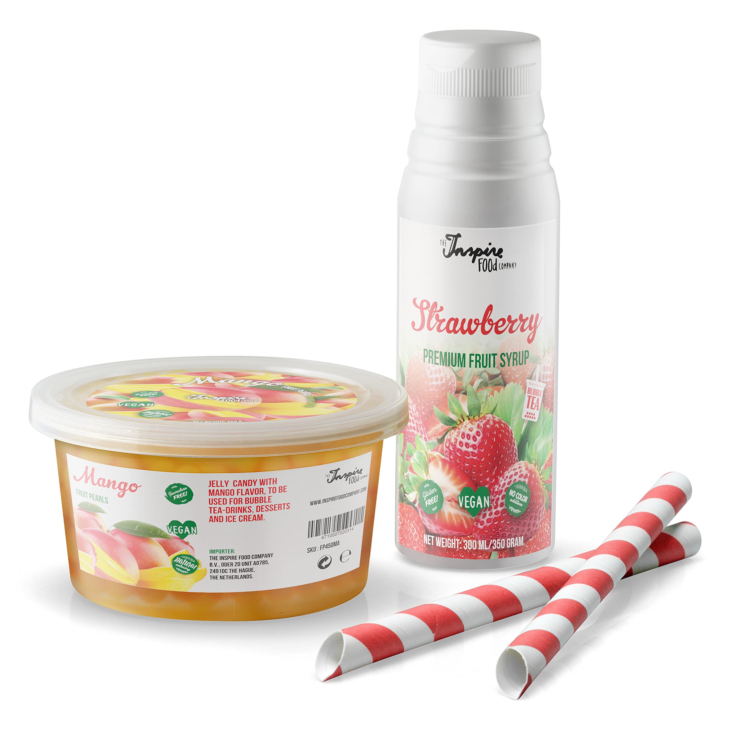 INSPIRE FOOD Set de Perlas de Bubble Tea - Mango Popping Boba 450g, Jarabe de Fresa 300ml, 2 Sorbetes