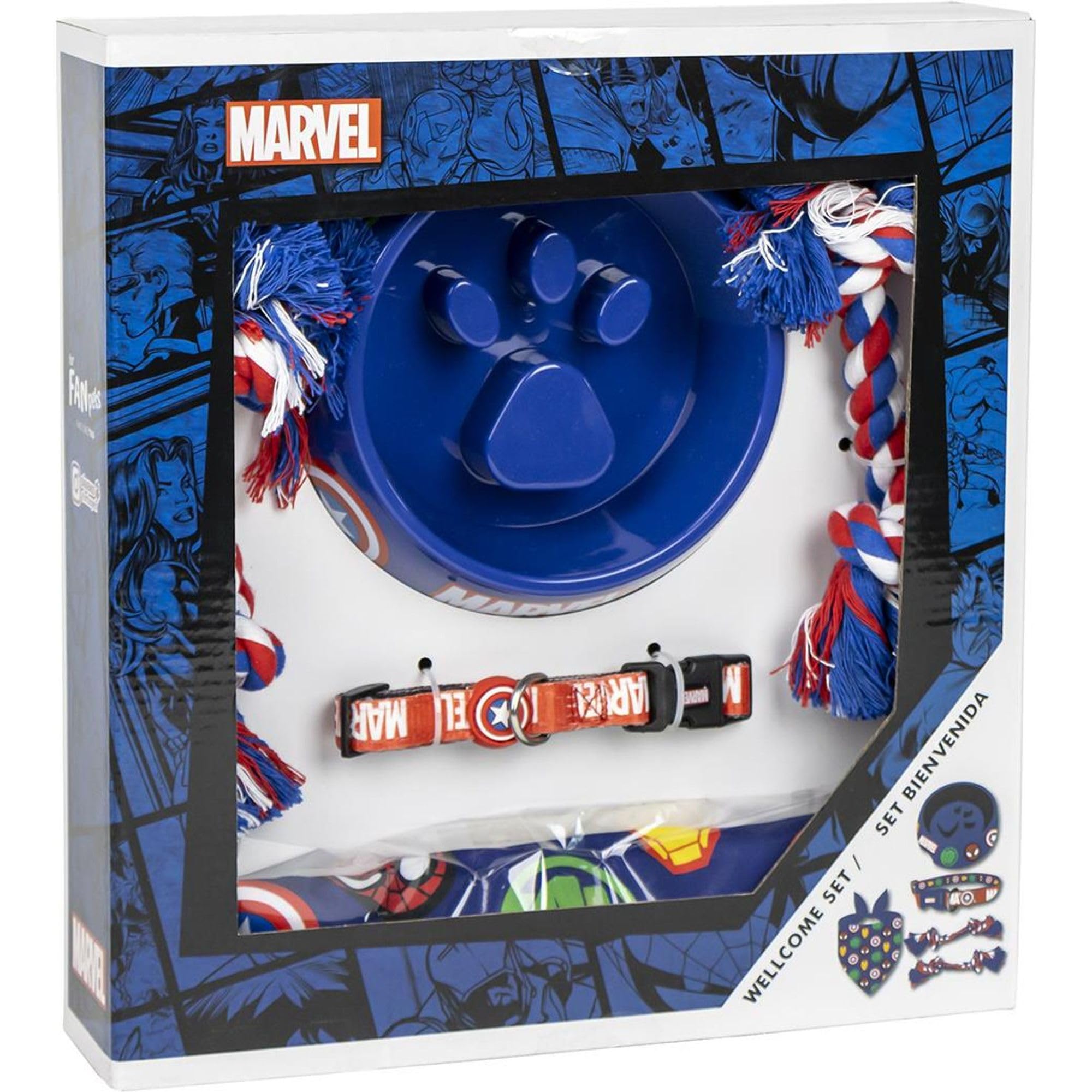 CERDÁ LIFE'S LITTLE MOMENTS Avengers Welcome Gift Set for Dogs - Blue - Superheroes Design - Size 28x30x6.8cm - Feeder, Bandana, Ropes and Collar - Original Product Designed in Spain