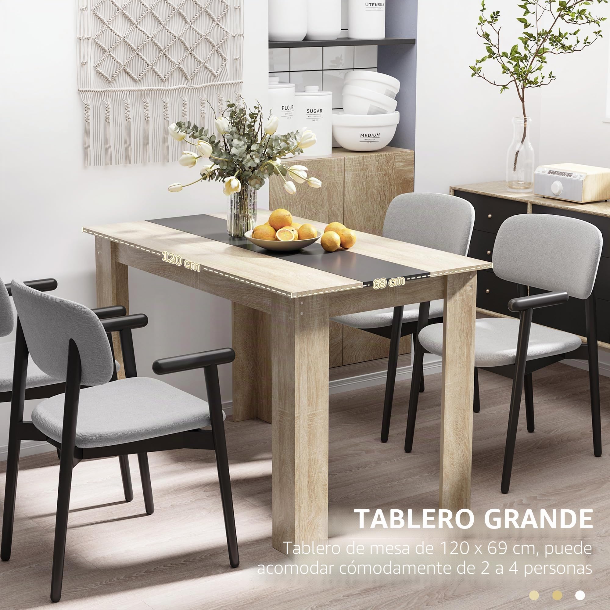 HOMCOM Mesa de Comedor Rectangular para 4 a 6 Personas, Mesa de Cocina, 120 x 69 x 75 cm, Estilo Moderno, Patas Triangulares más estables, Roble y Negro