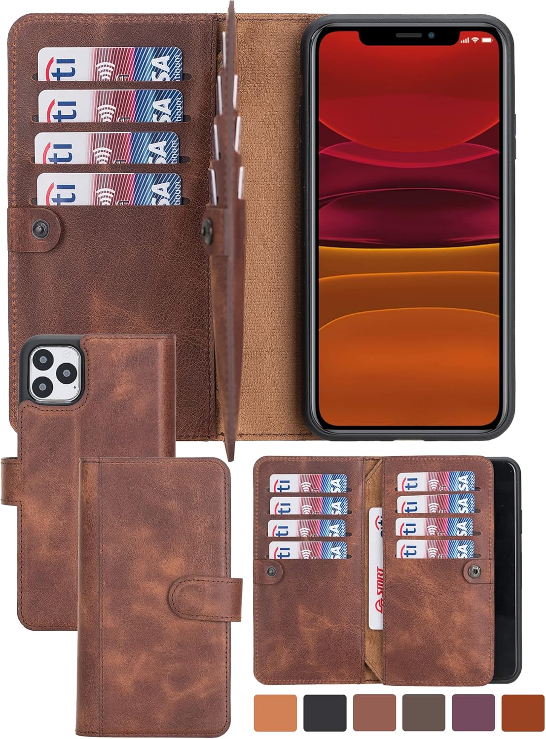 HARDISTON Genuine Premium Leather Handmade Wallet Case for iPhone 12 Mini 5.4" Double Folio Card Holders - Detachable Magnetic Flip Cover - Horizontal Kickstand - Protection for All Edges (Brown)