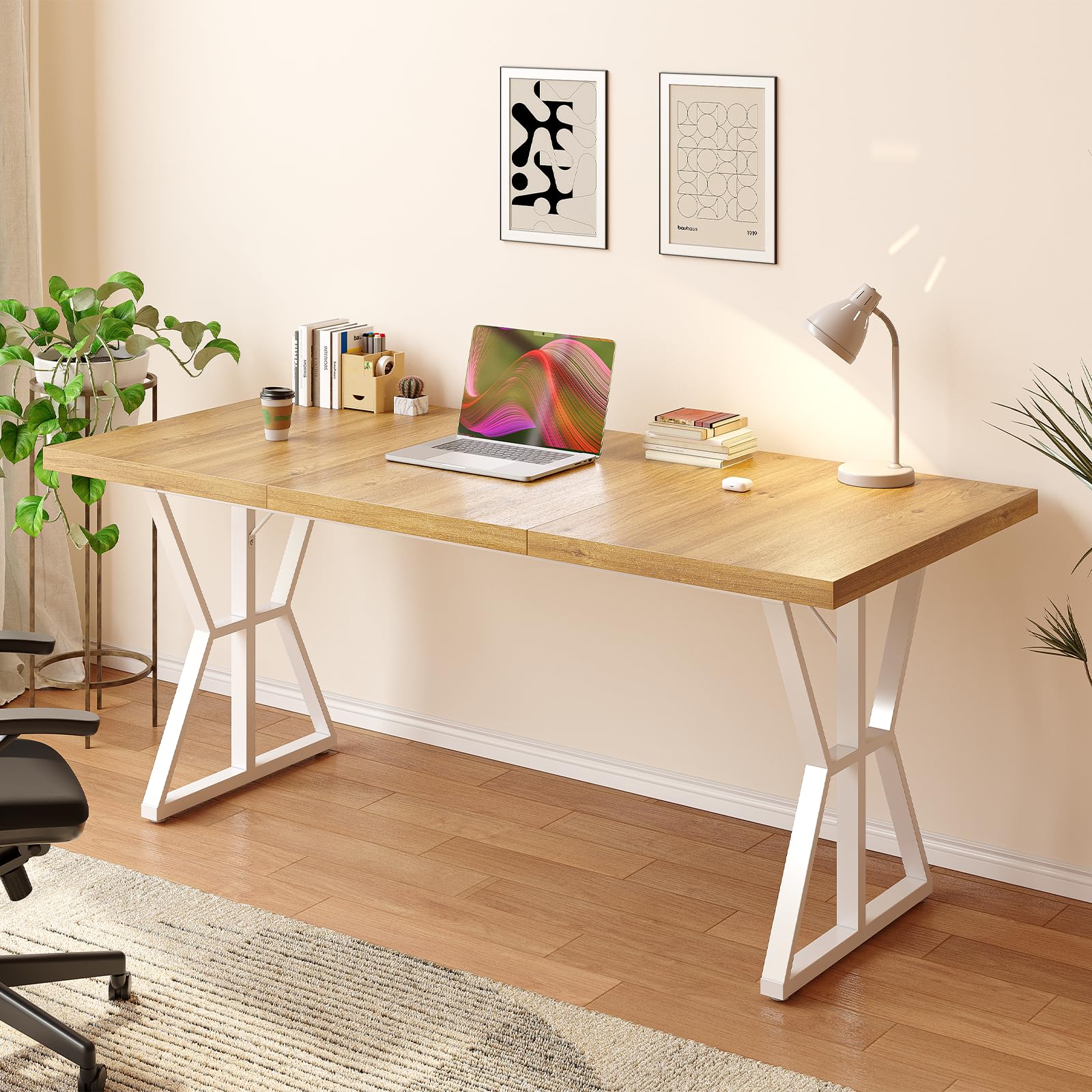 ONBRILL 71 Inch Computer Desk, Large Home Office Executive Desk, Modern Simple Style Gaming Desk for Writing Work Study Bedroom, Sturdy Frame & Thicker Steel Legs with Ample Legroom, Rustic Oak