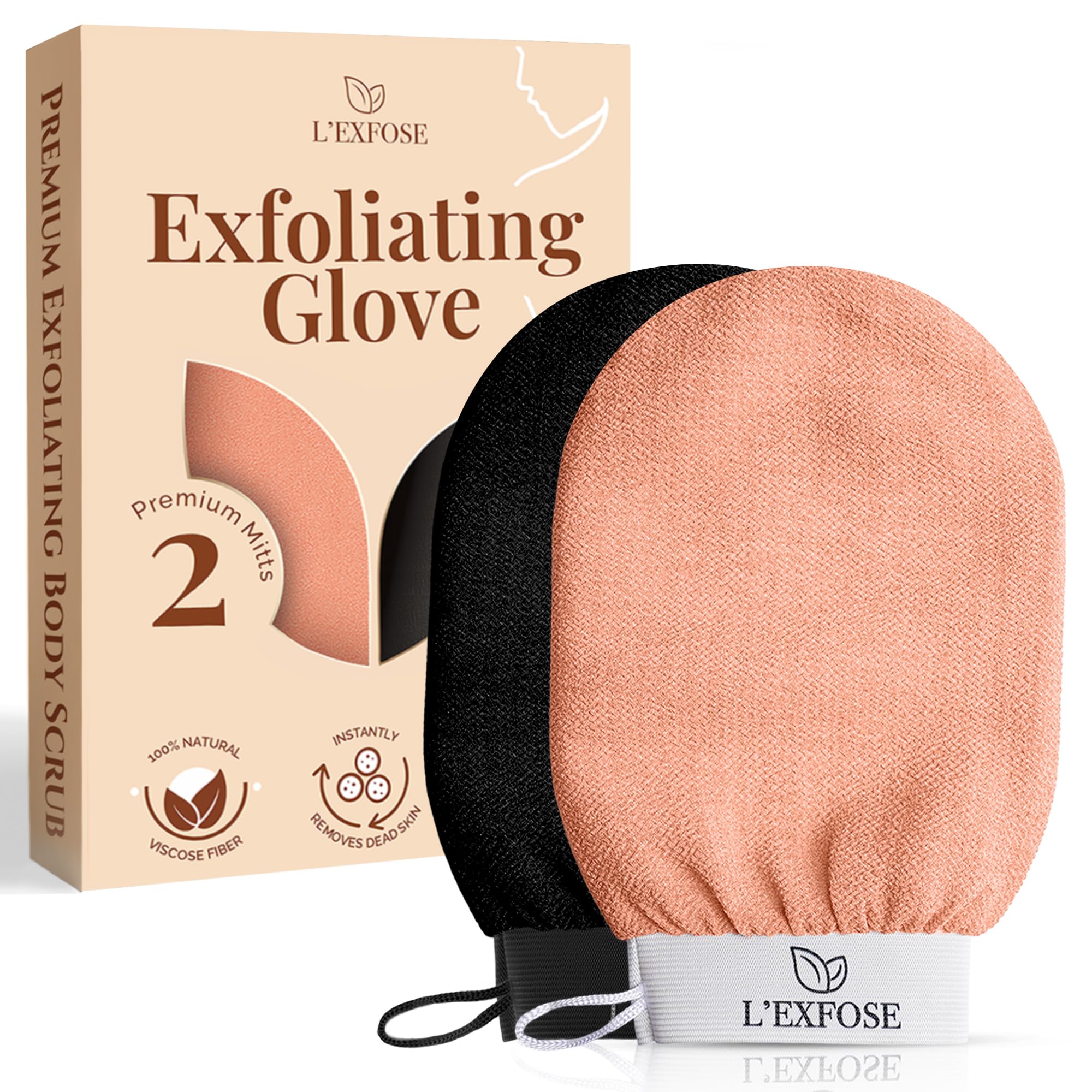 L'Exfose Kessa Hammam Deep Exfoliating Glove 2pc - Korean Exfoliating Mitt for Shower Ideal for Dead Skin Remover, Keratosis Pilaris & Self-Tanning to Improve Skin Tone Made with 100% Natural Viscose
