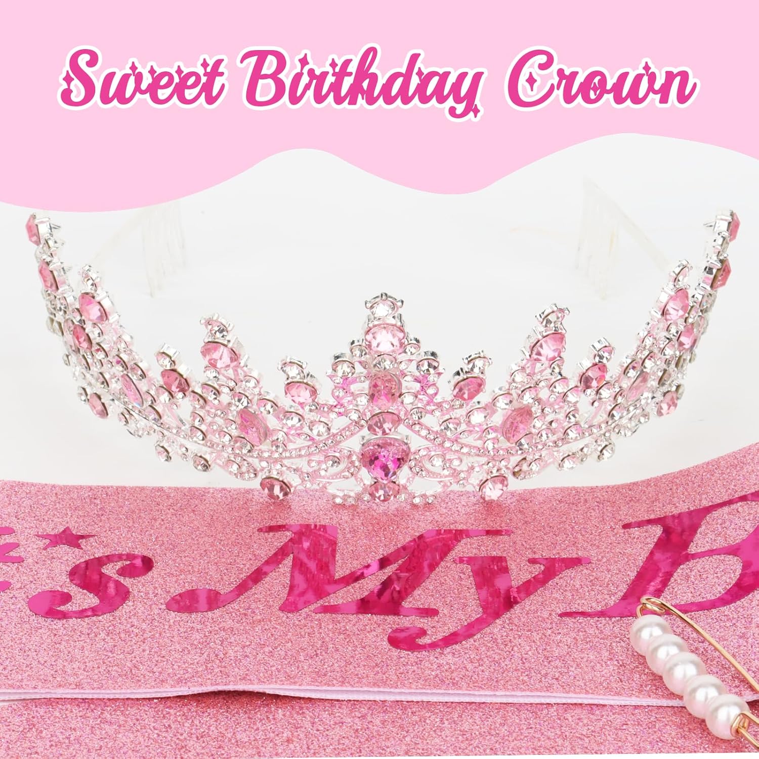 CURASA Birthday Sash and Crown for Women Pink Birthday Crown Tiara Adult Women Princess Crown Pink Decoration Party Favors Gifts - Image 3