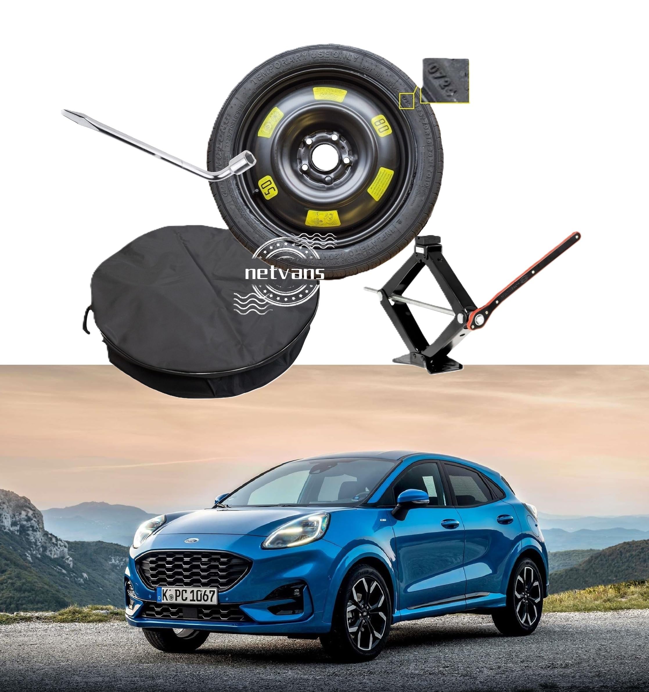Kit rueda de repuesto de 16" compatible con Ford Puma con llave y funda