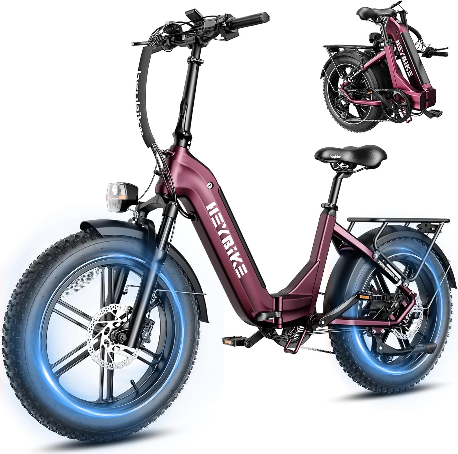 Heybike Ranger Foldable Electric Bike for Adults, 1200W/1800W Peak Motor, 28/32MPH E Bike, 55/90 Miles Range, 20"x4.0" Fat Tire Ebike with Removable Battery, Hydraulic Brakes for Snow, Beach,Commuting