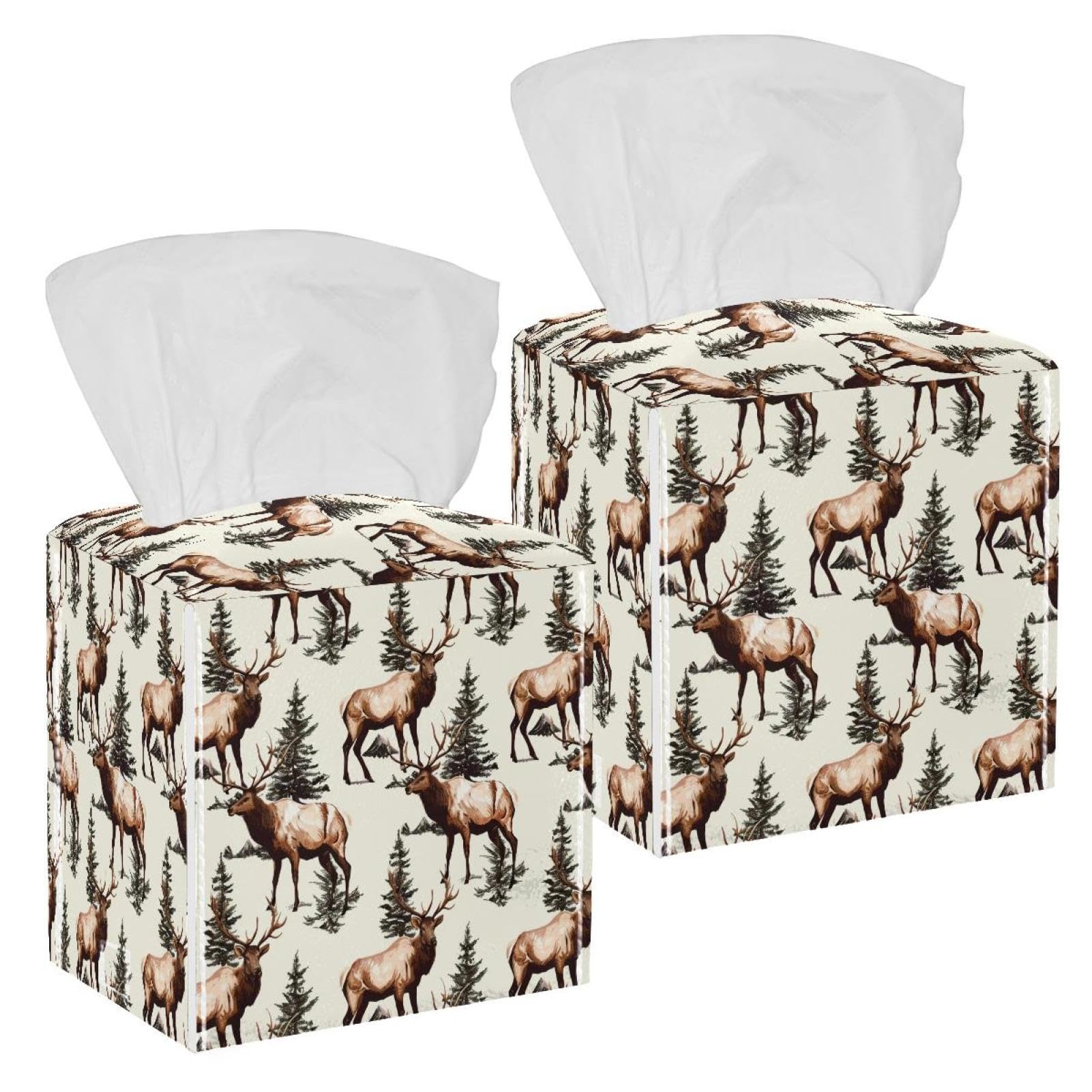 Elk Forest Tissue Box Cover, 2 Pack PU Leather Square Facial Tissue Dispenser Box holder for Home Office Car