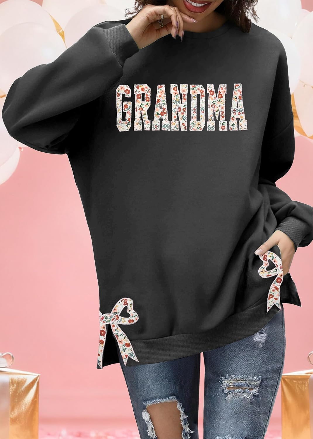 YI XIANG RAN Grandma Sweatshirt for Women Grandma Letter Embroidered Sweatshirt Mother's Day Side Split Pullover Tops