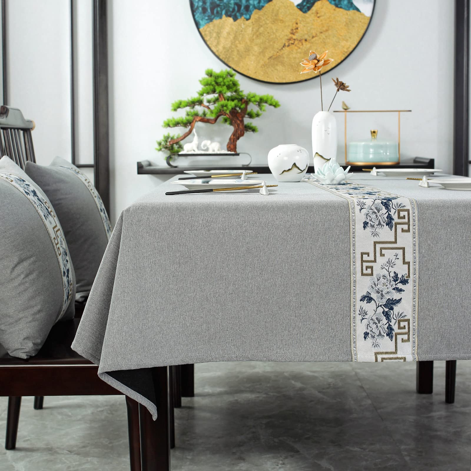 Mantel de lino y algodón lavable e impermeable con borlas, mantel de tela gris para cocina y comedor, 130 x 180 cm, elegante y fácil de cuidar
