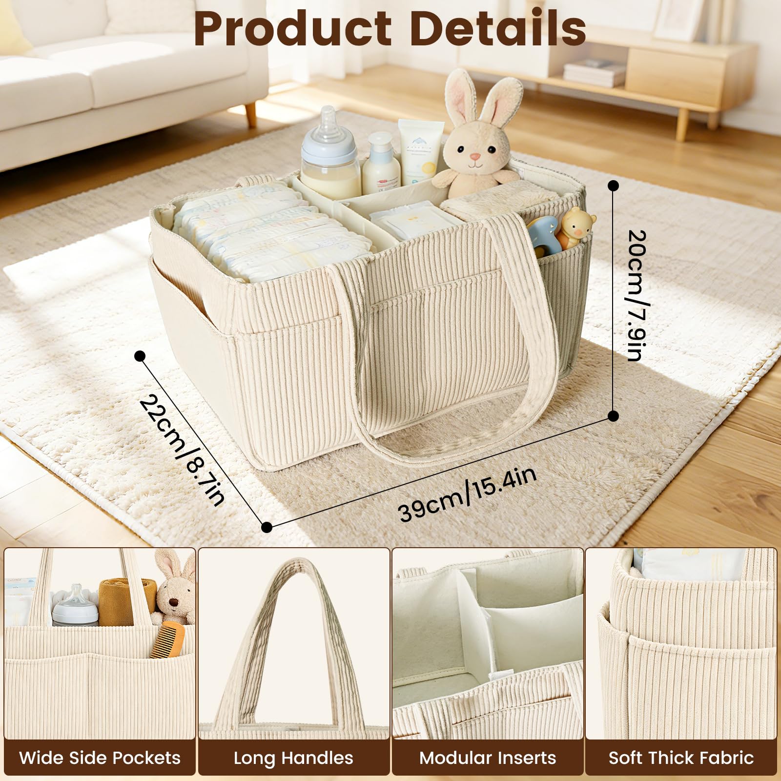 Panier Rangement Bébé, Panier Rangement Bébé Table a Langer, avec Compartiments Amovible et Poignées, Parfait Pour Les Essentiels Du Nouveau Né, Le Changement Des Couches