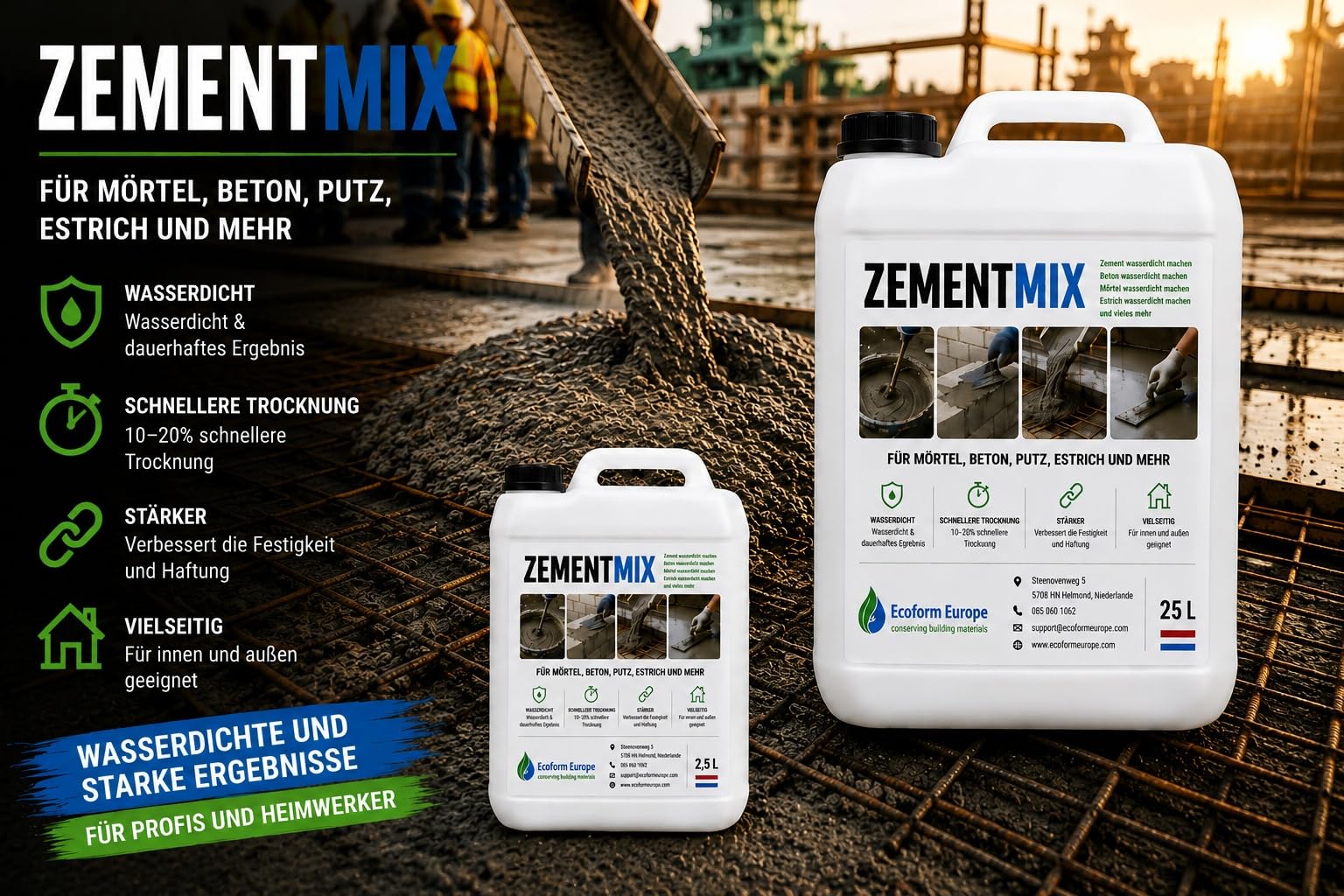 Zementmix 25 Liter – Beton wasserdicht machen – Zementzusatz gegen Feuchtigkeit – Für Keller, Beton, Mörtel und Estrich