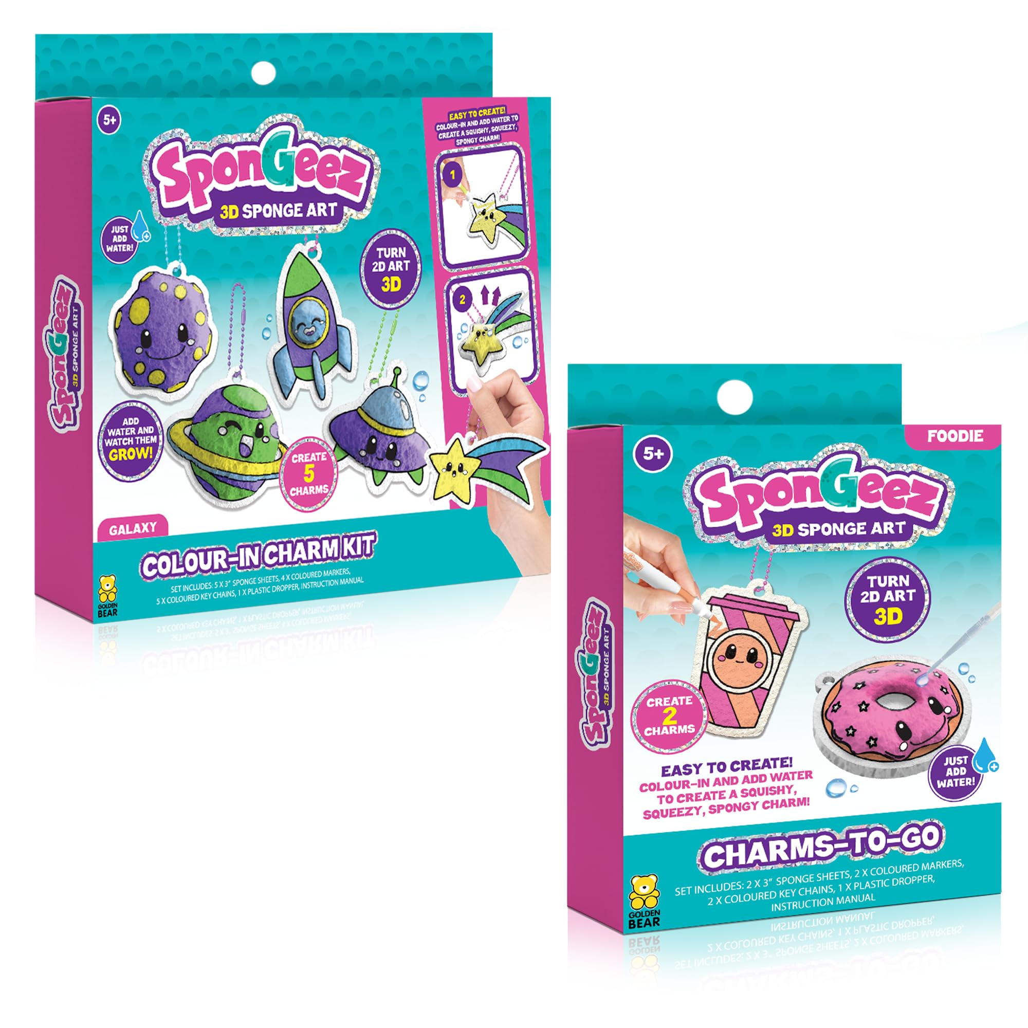 Spongeez: Galaxy colour in charm kit + Foodie charms to go bundle, Squishy Sponge Art & Craft Kit for Kids Creative Activity