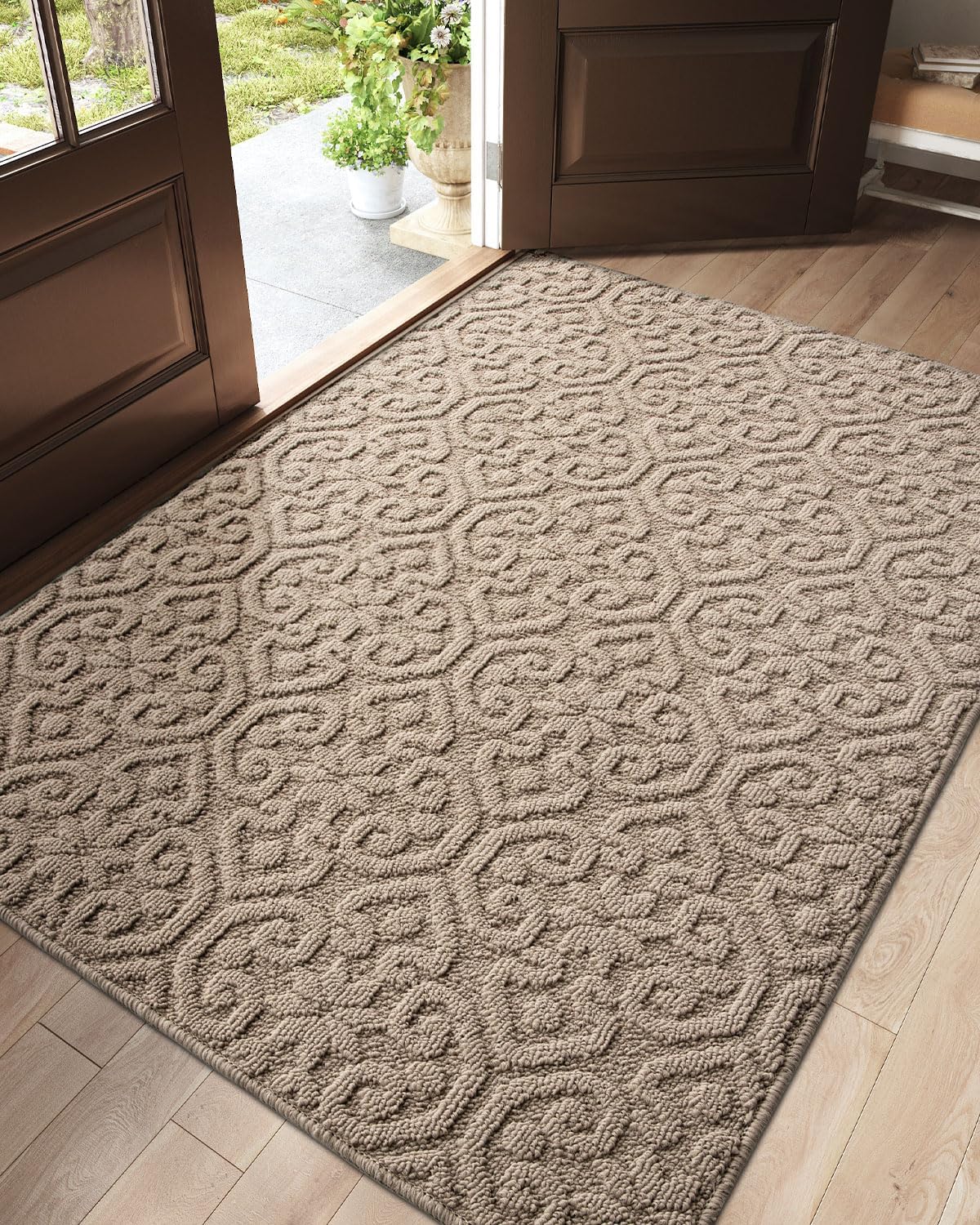 dexi front door entryway mat non slip, 4x6 ft large washable inside entrance for house floor low profile, thin entry doormat absorbent dirt trapper, light beige 4' x 6' (rectangular) light beige