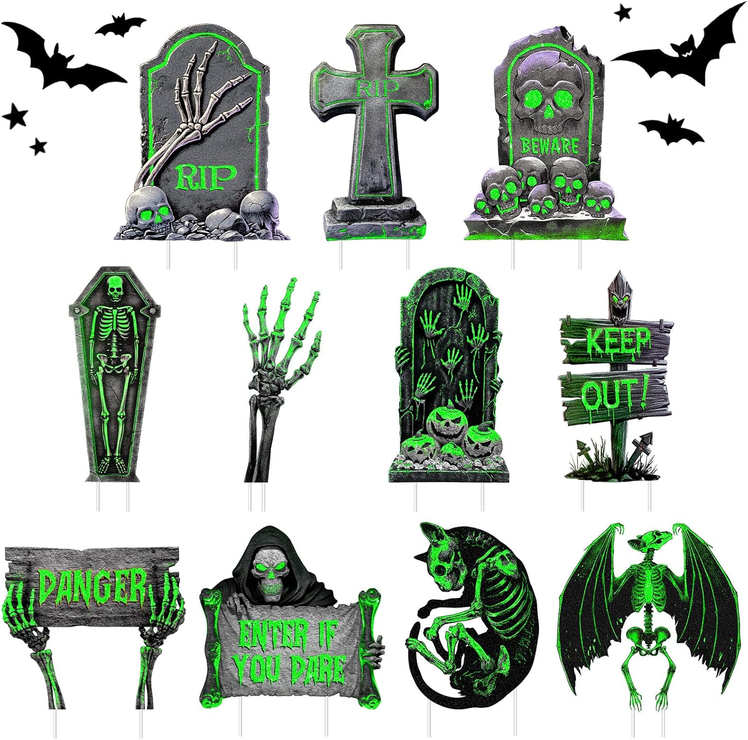 11 Pcs Halloween Tombstones Decorations Yard Signs with Takes Fluorescence Warning Signs Props Outdoor Decor, Halloween Gravestones Theme Garden Signs for Haunted House Outside Garden Lawn Yard