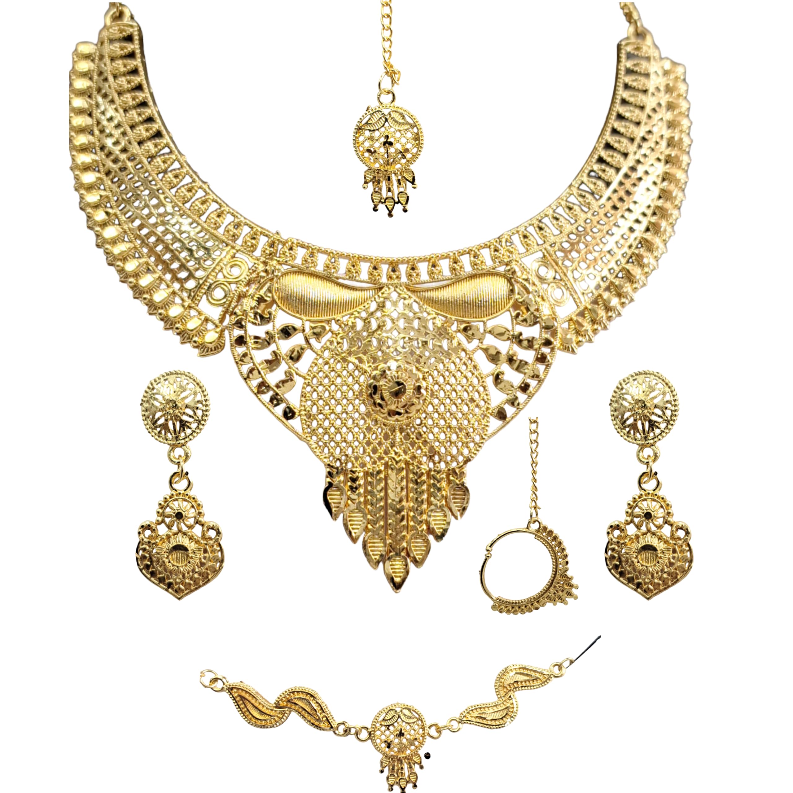 Indian Jewelry Set for Women - Necklace, Earrings, Bracelet, Maang-Tikka, and Nose Ring (B0D97GWYTC) Amazon Price History, Amazon Price Tracker
