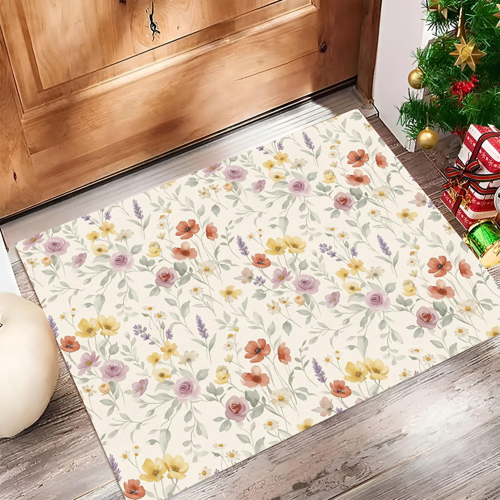 60X90Cm Zerbino Ingresso Interno Antiscivolo Assorbente, Tappeto Microfibra Sottile Lavabile Con Floreale Di Campagna Francese Piante Romantiche Ad Acquerello Per Cucina Bagno Porta Animali, Beige