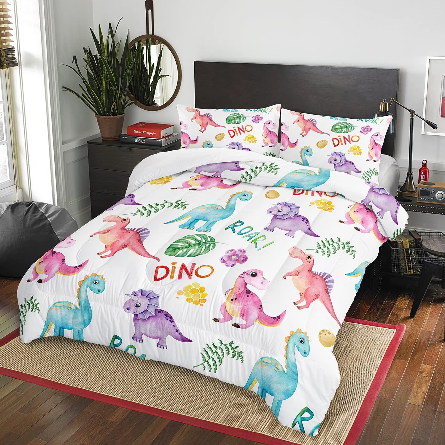 Cartoon Dinosaur Comforter Set Twin 3Pc Kawaii Dinosaur Bedding Set All Season with Tree, Leaf Decoration Includes 1 Comforter, 2 Pillowcases for Kids Girls Teens