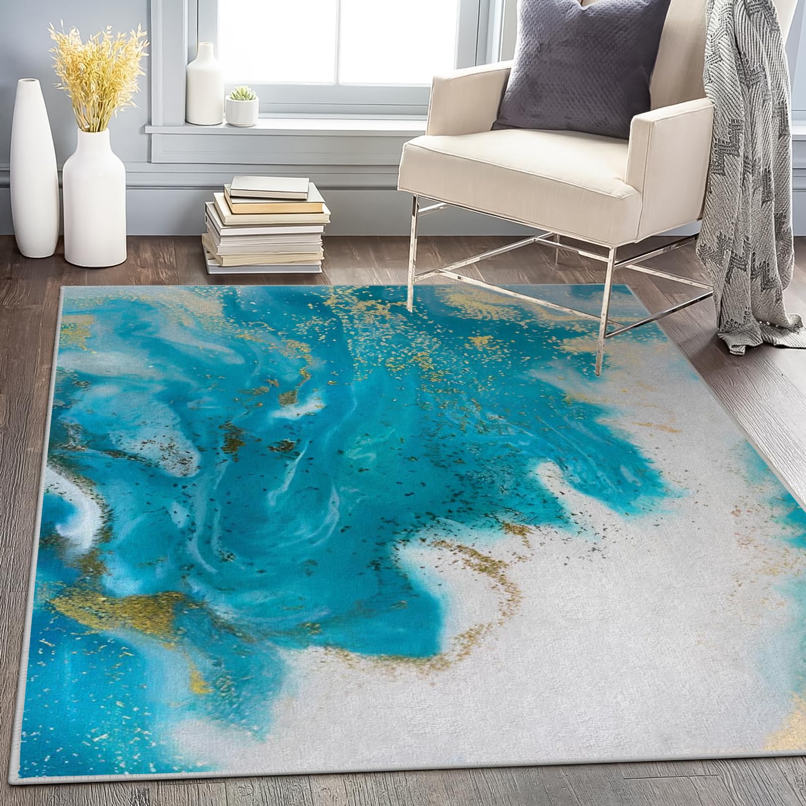 Tapis Marbre Turquoise Lavable en Machine Tapis Salon 140x140 Poil Court, Bleu Canard Tapis Descente de Lit Chambre Doux Tapis Sol Absorbant, Moquette Decoration Chambre Ado Adulte