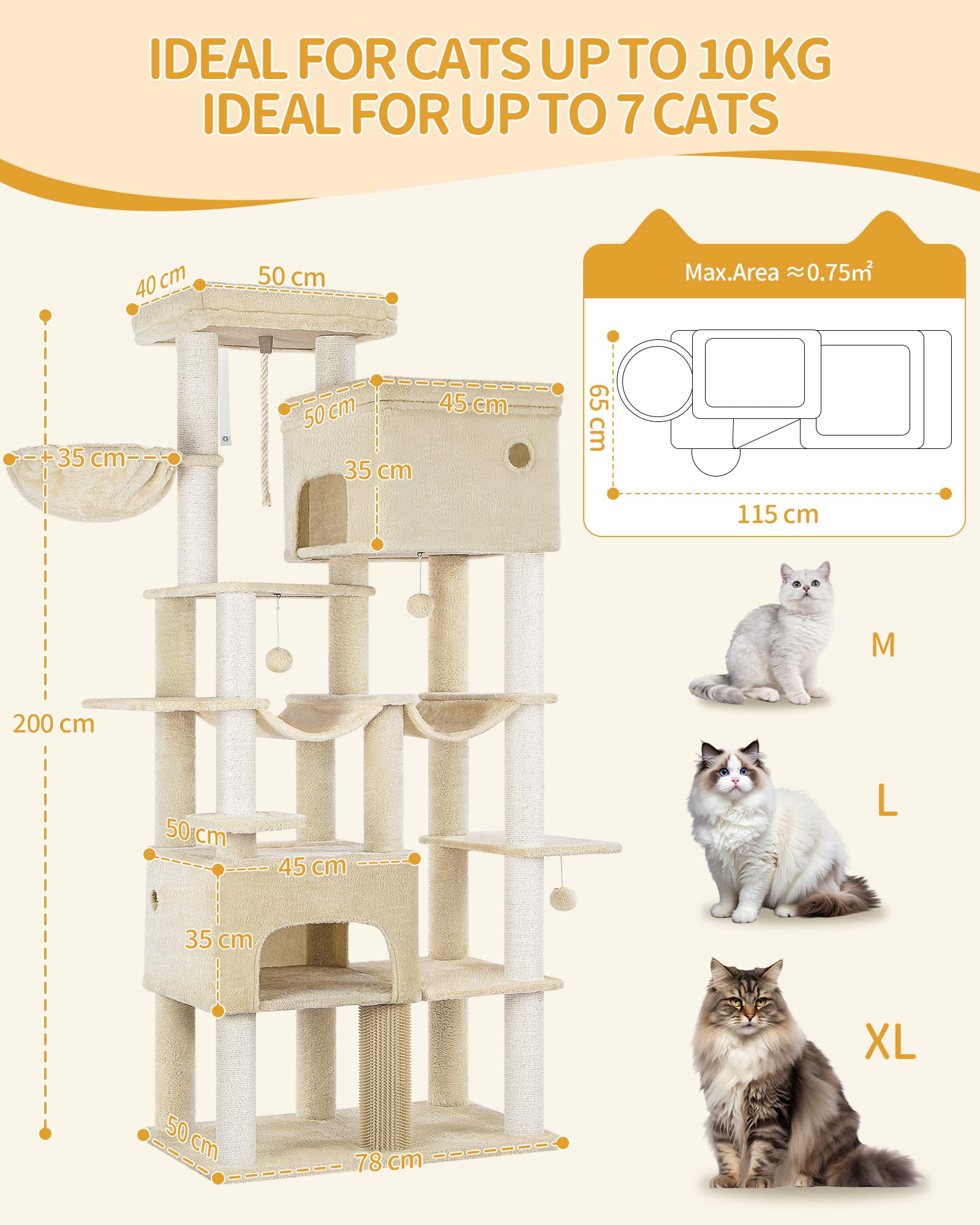 Hzuaneri Kratzbaum, 200cm XXL Kratzbaum mit 10 Kratzsäulen, 2 Höhlen, 2 Hängematten, große Plattform, Katzenbürsten, Korb,Schwerer Katzenbaum für Maine Coon, große Katzen, Beige MS20018YL