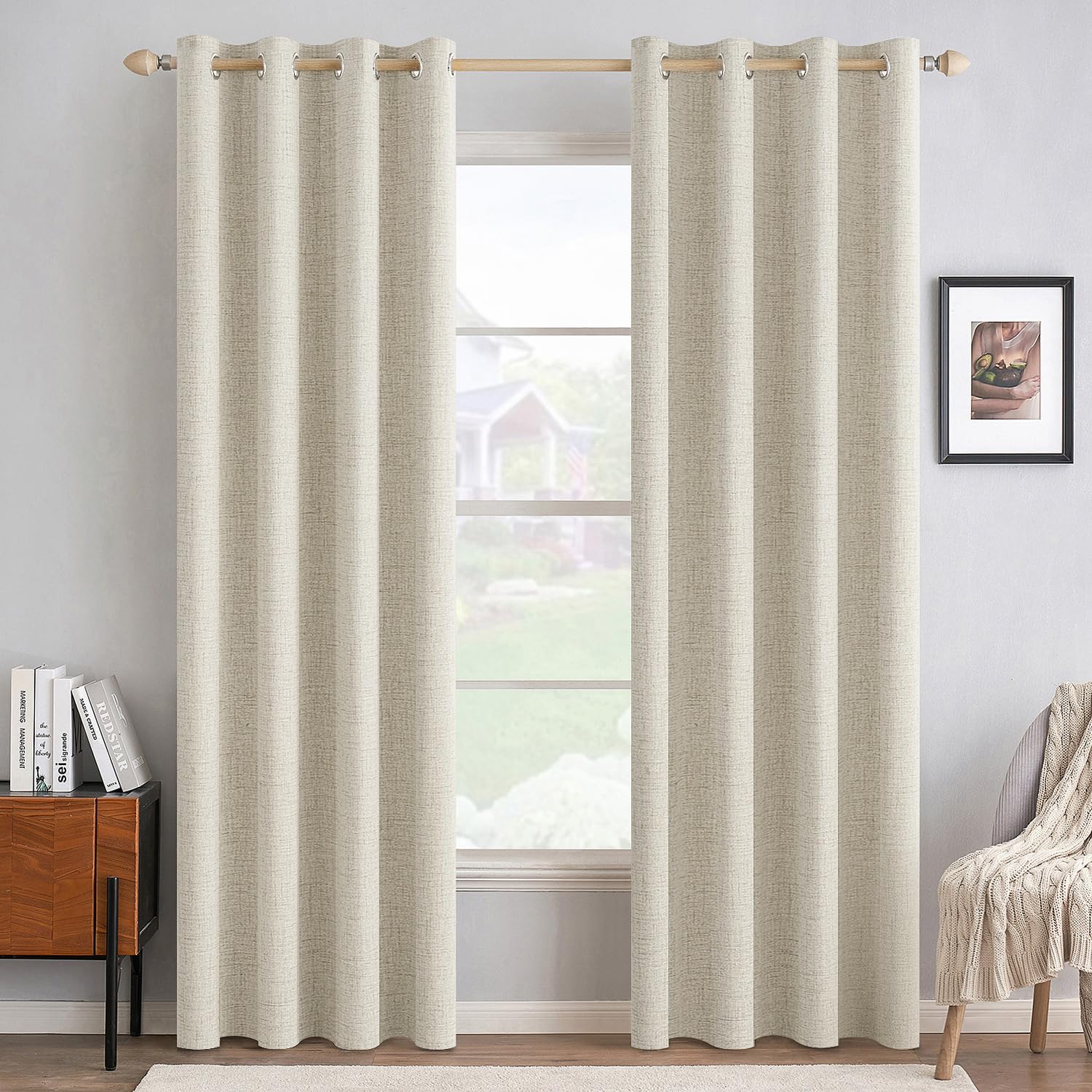 Photo 1 of MIULEE 100% Blackout Linen Textured Curtains for Bedroom Solid Thermal Insulated Light Ivory Grommet Room Darkening Curtains & Drapes Luxury Decor for Living Room 52 x 84 Inch (2 Panels)