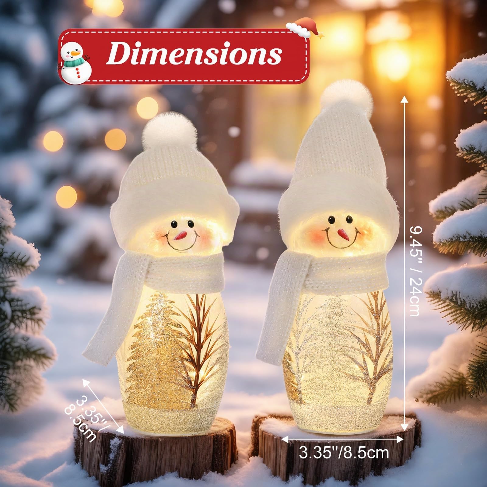 Lewondr 2PCS Décorations De Table De Noël, 9,45" Figurines De Bonhommes De Neige Lumineuses, Bonhommes De Neige en Verre Craquelé De Noël avec Écharpes Et Bonnets Tricotés pour La Maison