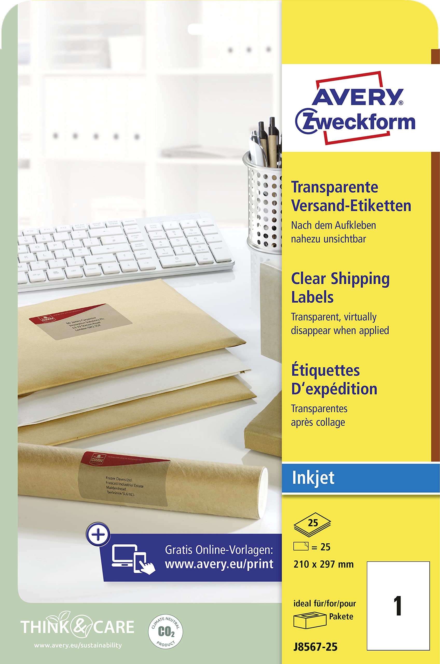 AVERY Zweckform J8567-25 Versandetiketten/Versandaufkleber (25 Etiketten, 210x297mm auf A4, bedruckbar, selbstklebend, für Inkjet-Drucker, für Pakete und Päckchen) 25 Blatt, transparent