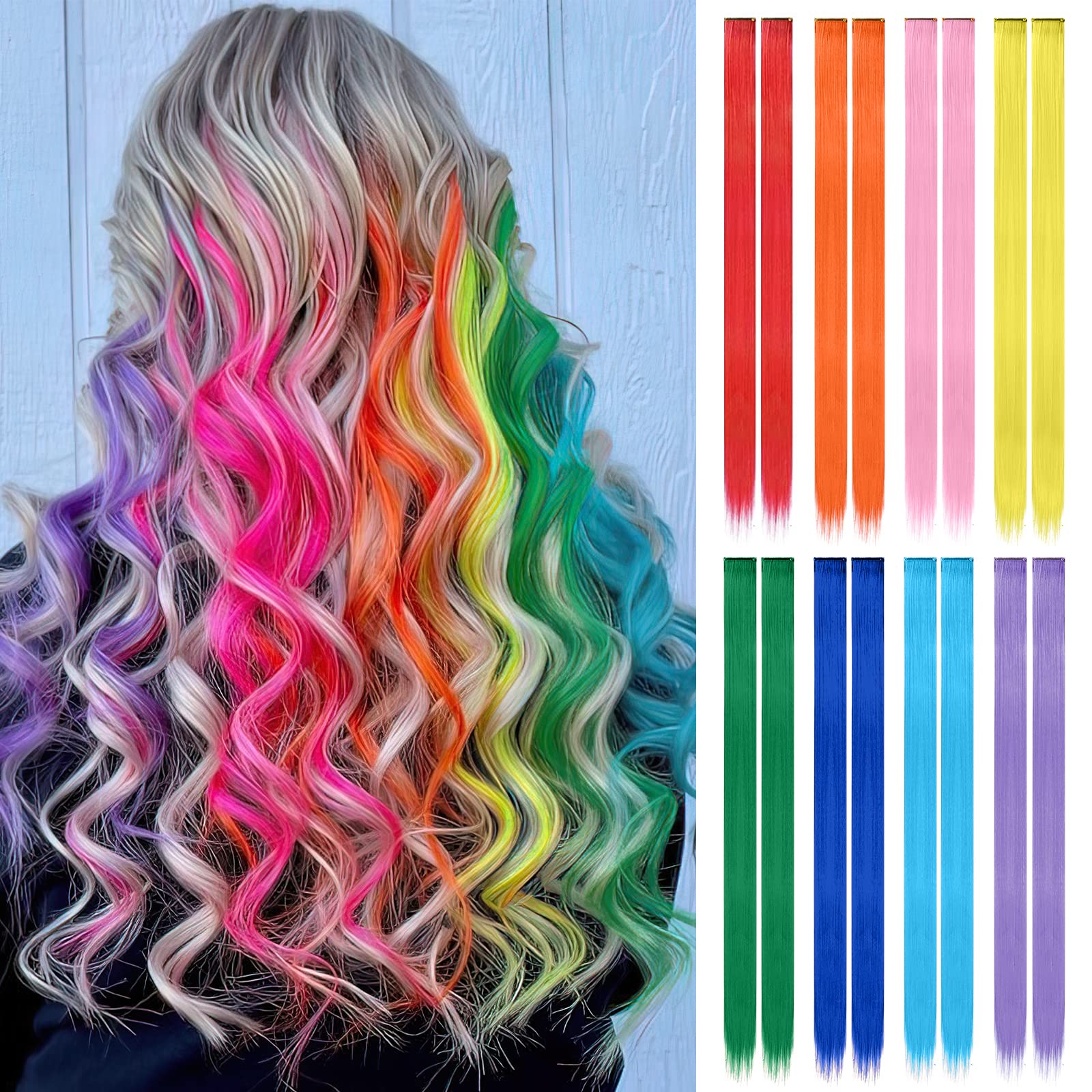 Amazon.com : FESHFEN Colored Hair Extensions, 16 PCS 8 Colors Rainbow  Hairpieces for Women Highlight Colorful Straight Clip in Hair Extensions  Daily Party Costumes Hair Pieces for Girls Dolls, 22 inch :