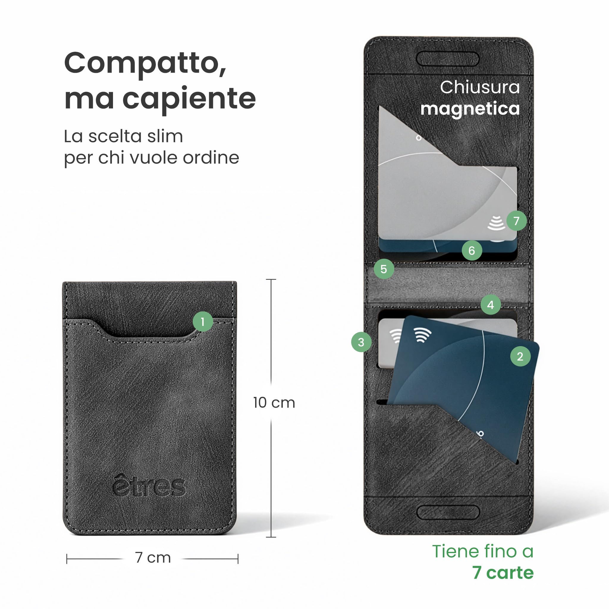 Porta Carte di Credito Schermato - Modello Deux - Fino a 7 Carte, Protezione RFID - Portacarte MagSafe Compatibile, Anello Magnetico Incluso - In Pelle Vegana (NERO)