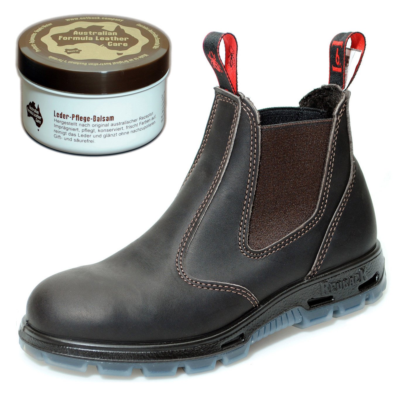 Redback USBOK Safety Work Boots aus Australien mit Stahlkappe - Unisex + Lederpflege - Claret Brown