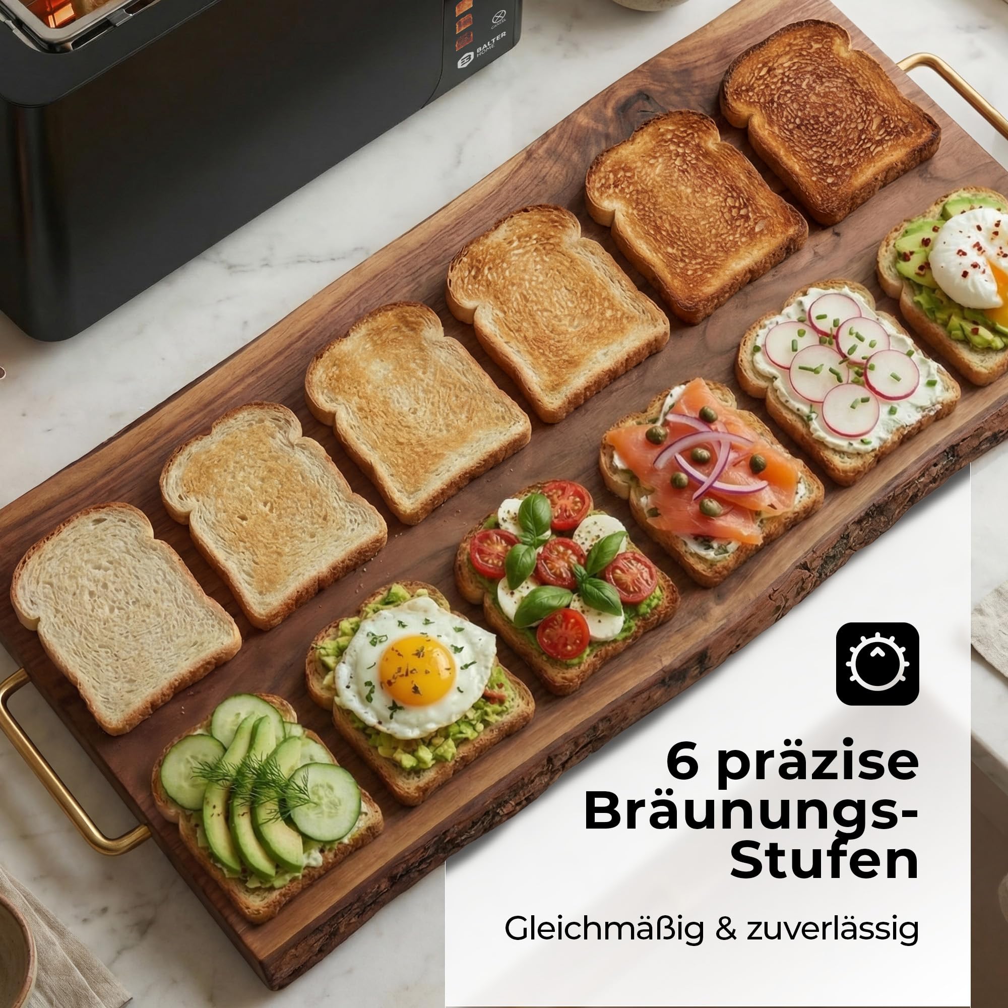 Balter Toaster 4 Scheiben, Touch Bedienung, Langschlitz, Edelstahl, Brötchenaufsatz, LCD Display Langschlitztoaster, Auftaufunktion, Brotzentrierung, TS-44 Schwarz matt