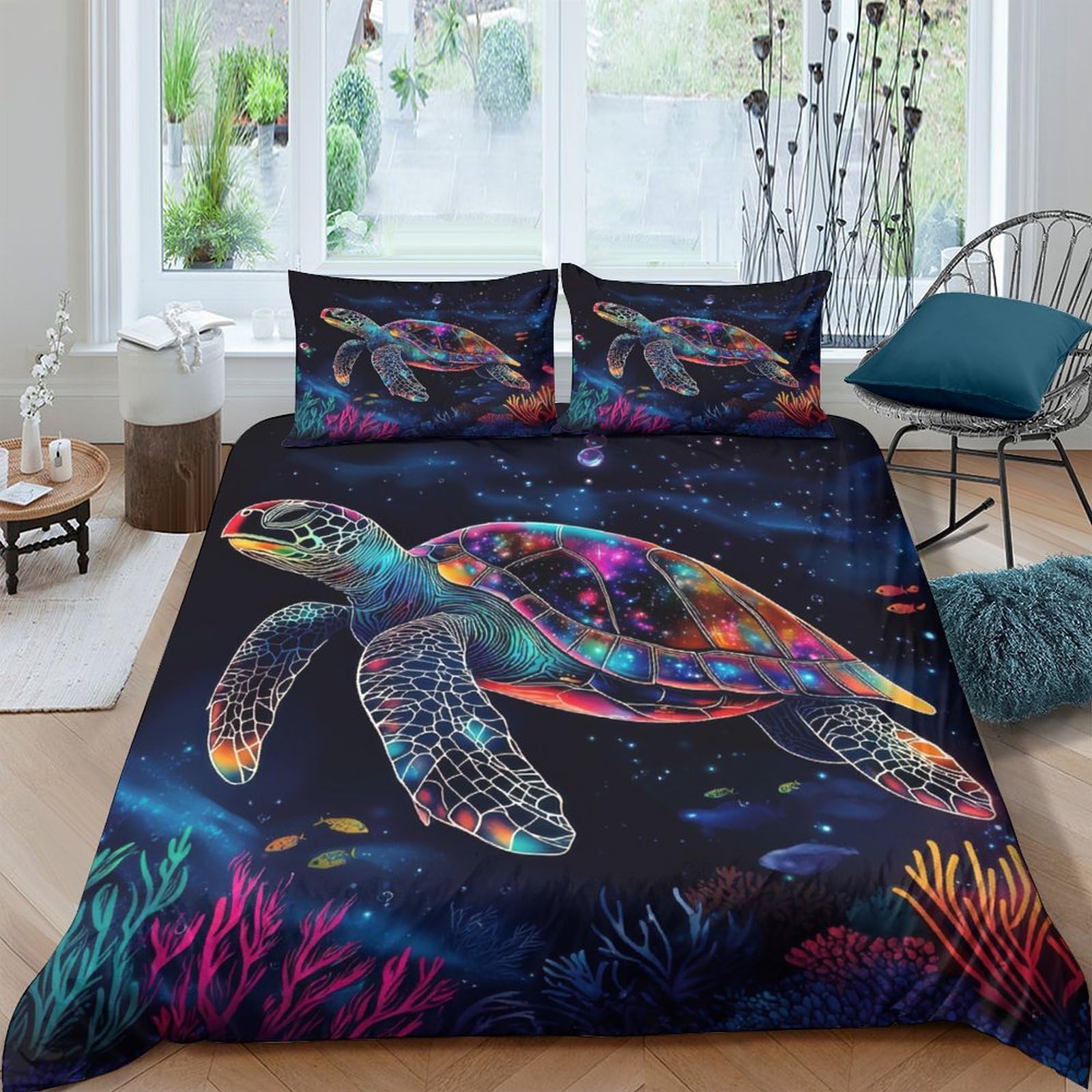 3D Printed Neon sea turtle Bedding Cover Premium Polyester Fantasy ocean art Duvet Cover Soft Breathable Durable Hypoallergenic Wrinkle Free for Guest Room Use King（220x240cm）