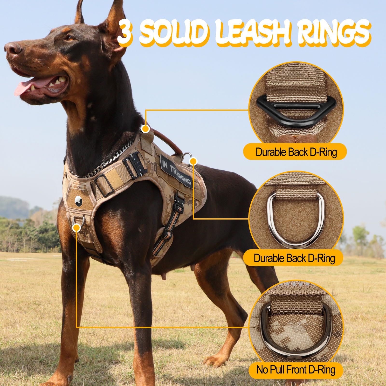 Gilet tattico per cani di servizio, con fibbie in metallo, riflettente, senza tirare, con manico in pelle, gancio e anello per allenamento escursionistico (camouflage deserto, XL)