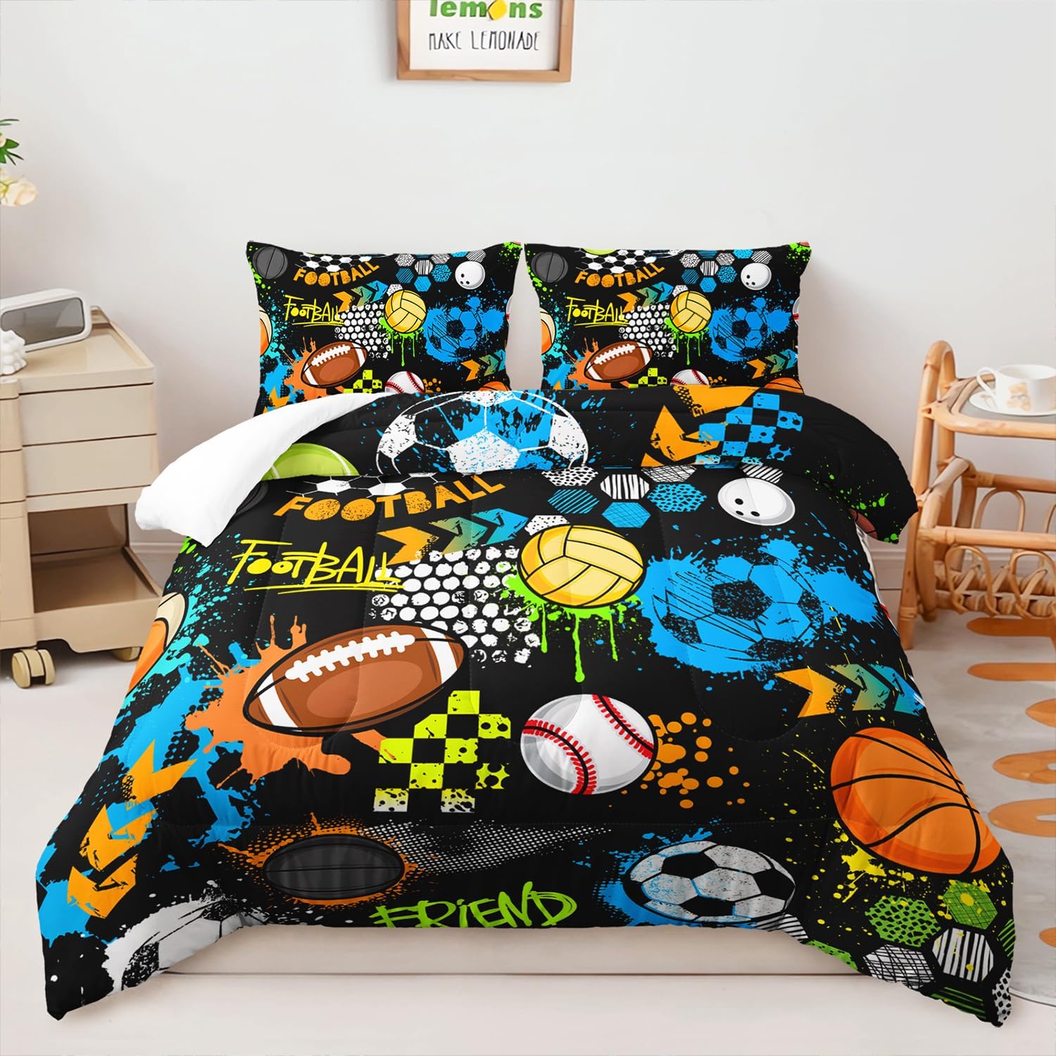 AILONEN 3 Piece Kids Balls Comforter Set Twin Size,Printing Football Soccer Basketball Baseball Tennis Sports Bedding Set for Kids Boys Girls,1 Comforter and 2 Pillowcases