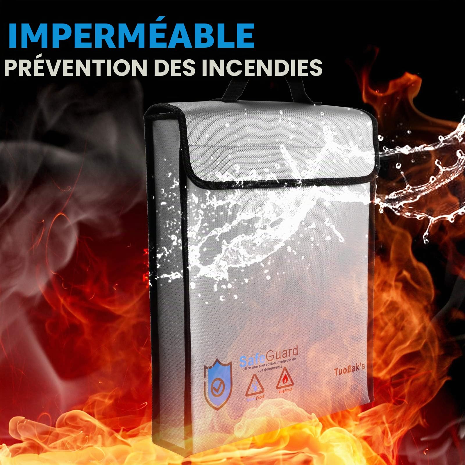 TuoBak's Sac Ignifuge pour Documents, Porte-Documents étanche et Ignifuge | Sac étanche à feu pour Documents de Poches intégrées pour Cartes de crédit en Fibre de Verre de qualité supérieure