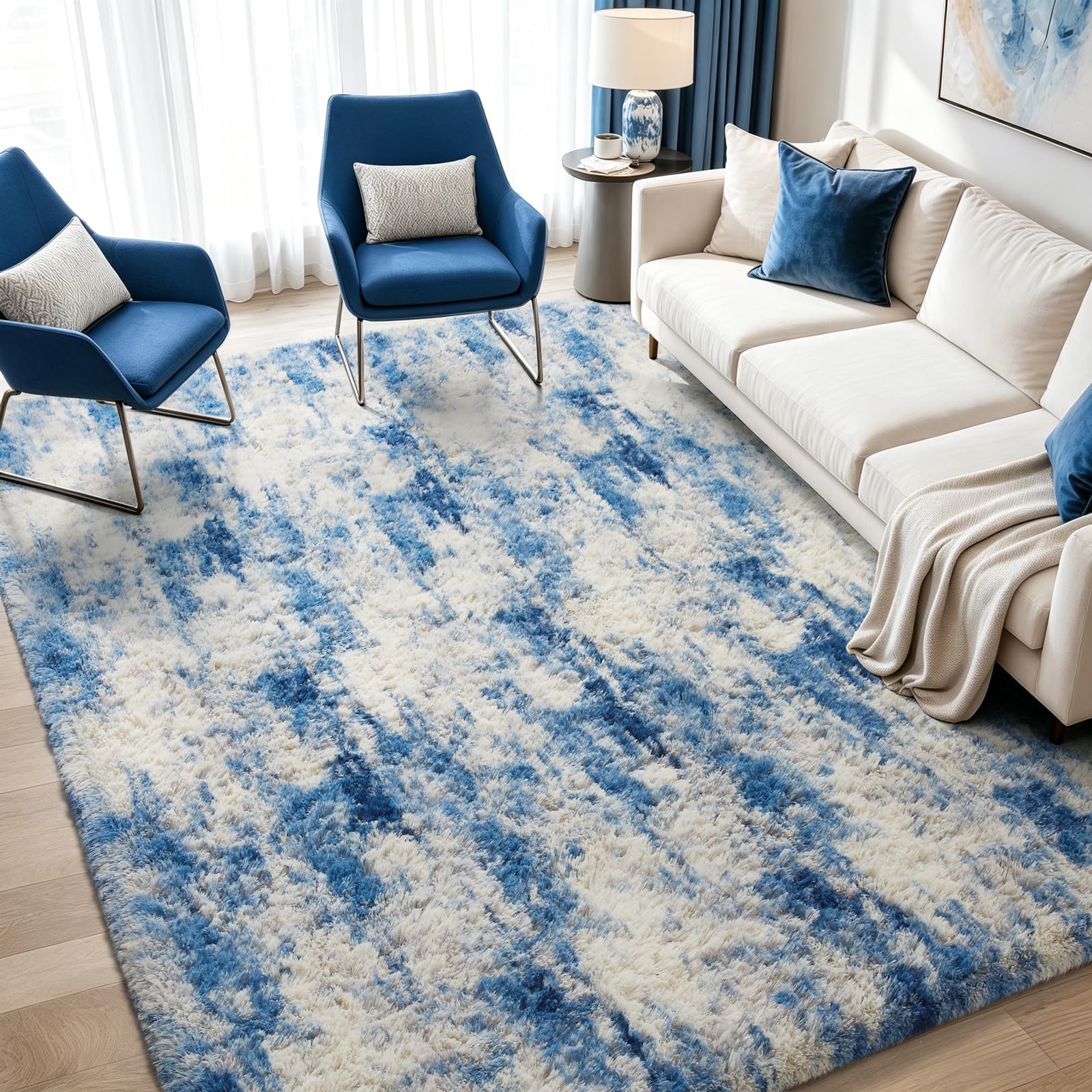 Ophanie Blue White and Grey Area Rugs for Living Room 5x7, Fluffy Shag Large Fuzzy Plush Soft Carpets, Floor Shaggy Rugs for Bedroom, Carpet for Kids Boys Girls Dorm Nursery Home Decor Aesthetic