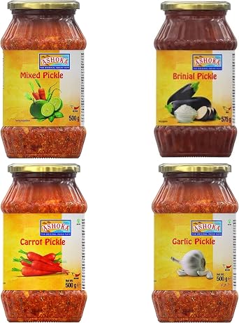 Ashoka Pickle Combo   Mixed, Brinjal, Garlic & Carrot 500g Each | Authentic Indian Pickles | Spicy & Tangy Condiments | 100% Vegetarian