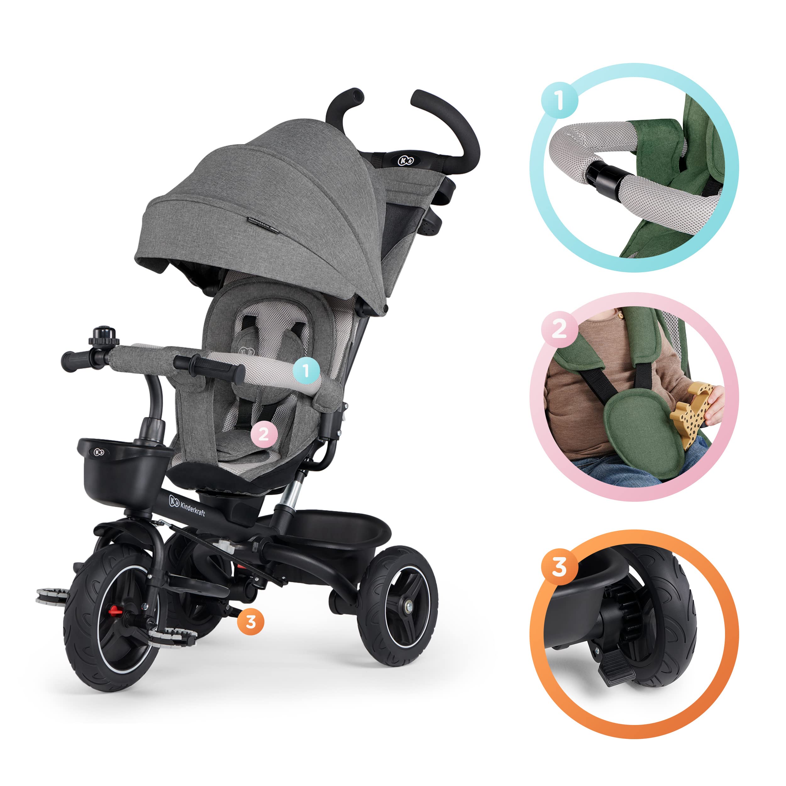 Kinderkraft SPINSTEP Triciclo bambini dai 9 Mesi con Maniglione, Cappottina impermeabile con filtro UPF50+, Pieghevole, Seduta girevole a 360 gradi, Grigio