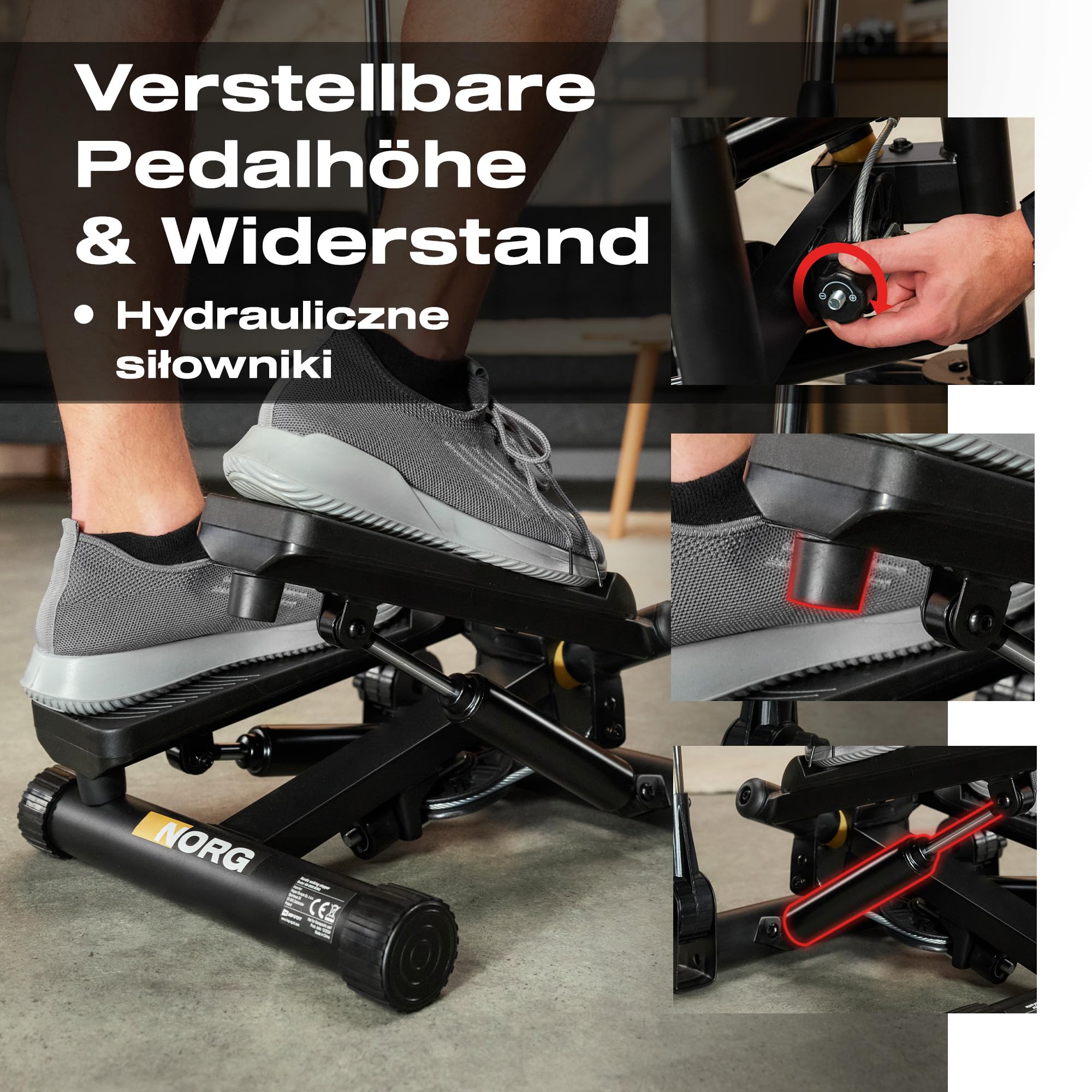 Hop-Sport Swing Stepper HS-050S Norg, Up-Down-Side-Stepper für Zuhause mit Haltegriffen, Expander & LCD-Display, Ganzkörpertraining mit einem Sportgerät