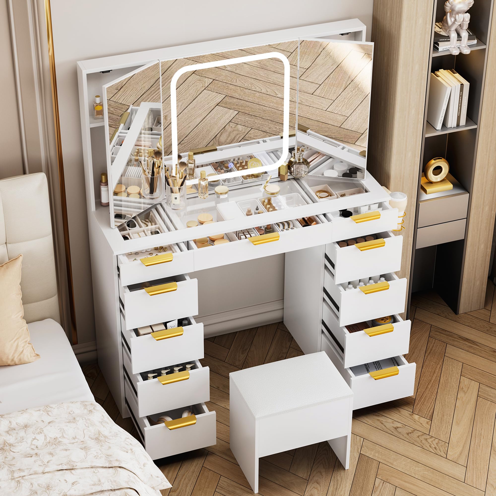 Photo 1 of *MISSING PARTS**
Pamapic Glass Top Makeup Vanity Desk with Foldable Mirror and Lights, 11 Drawers Vanity with Chair and Power Outlet, 3 Lighting Modes Makeup Table, Golden Handles, White